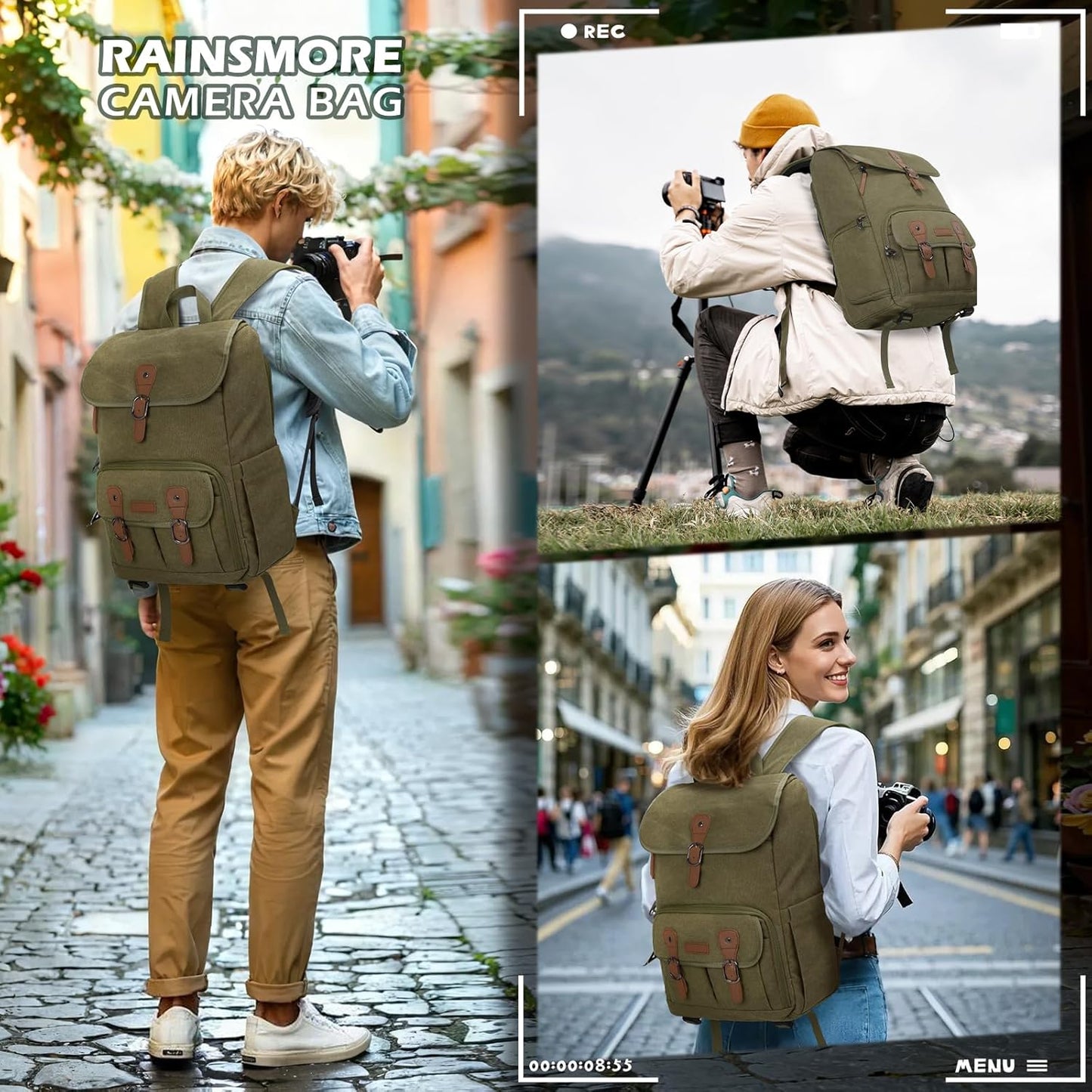 RAINSMORE Camera Bag Backpack for DSLR/SLR Mirrorless 15.6 Inch Laptop Camera Back Pack for Photographers Anti-Theft Photography Bags Case with Tripod Holder & Rain Cover, Green