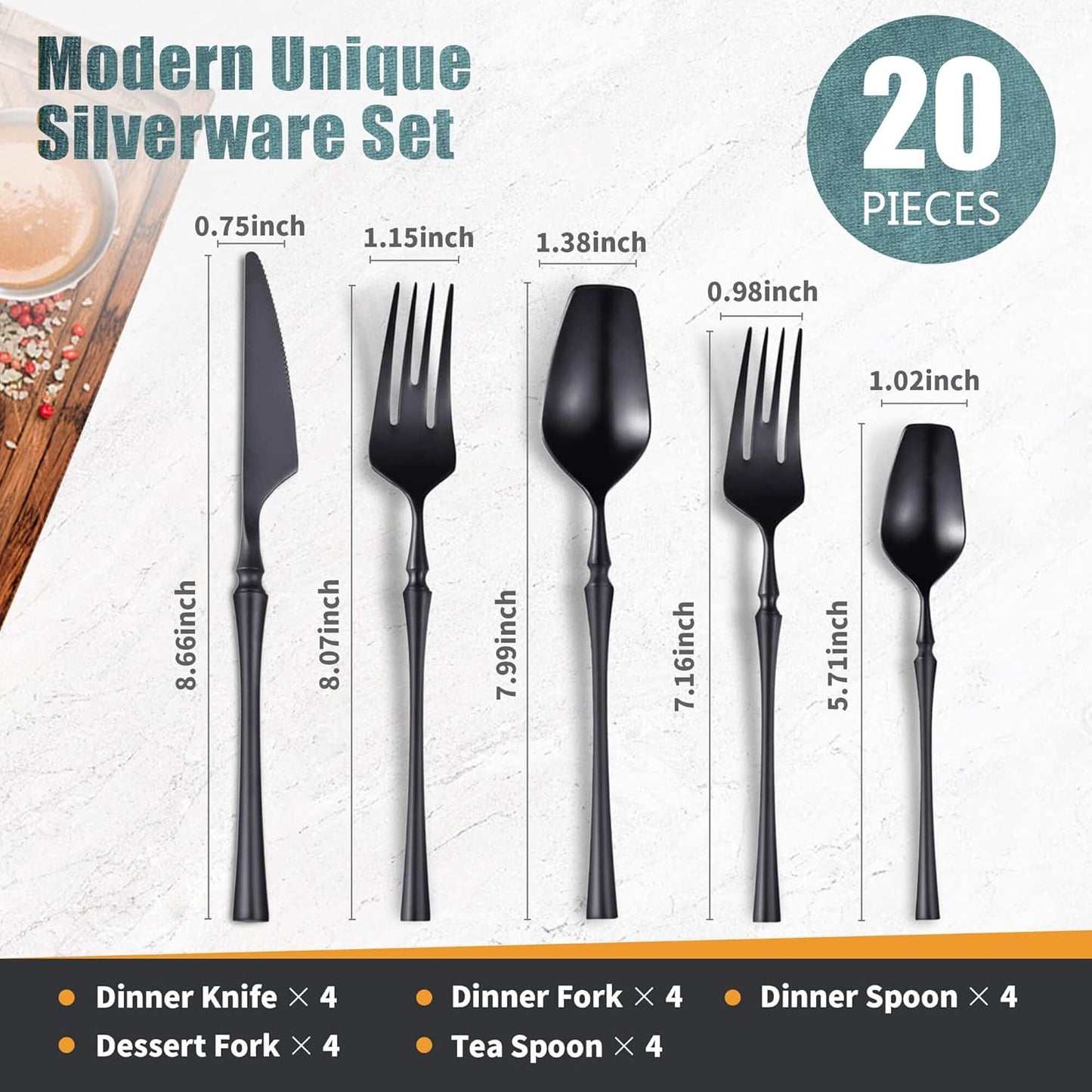 20-Piece Matte Black Silverware Set for 4,Modern 18/10 Stainless Steel Flatware Set,Unique Rustic Cutlery Utensils Set,Spoon and Fork Set for Home, Restaurant,Mirror Polished,Dishwasher Safe