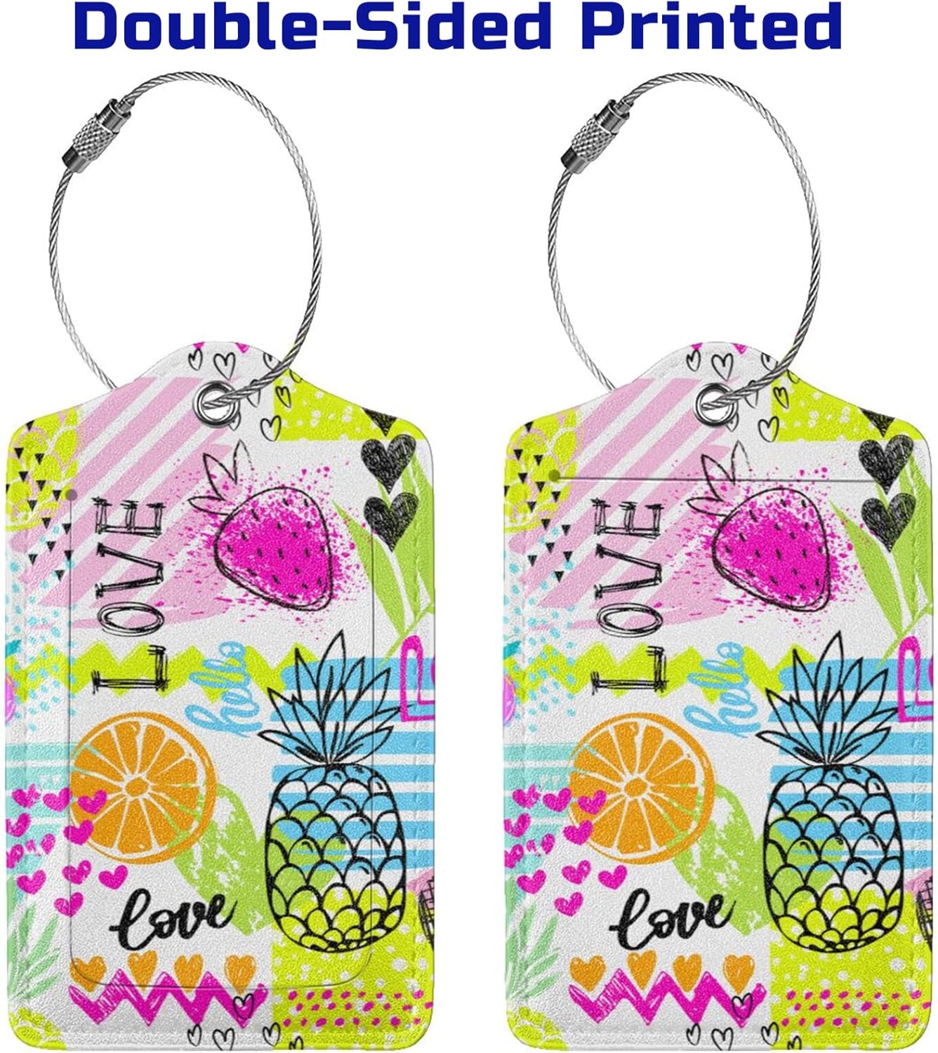 2 Pieces Funny Fruits Luggage Tags for Suitcases Women Girls, Colorful Bag Tags with Pineapple, Strawberry, Love Pattern, Cute Leather Labels Privacy Protection Travel Tag