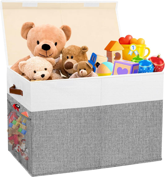 Large Toy Storage Box with Lid, Collapsible Sturdy Toys Storage Organizer Chest Bin Basket with Mesh Divider for Kids, Boys, Girls, Closet, Playroom, Bedroom, Nursery, 26"x17"x17" (Gray and White)