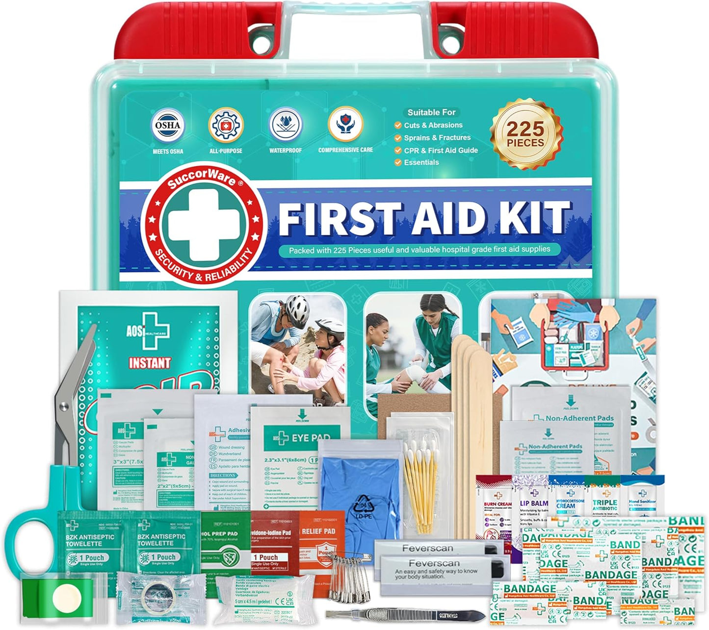 225 Pieces Portable First Aid Kit for Minor Wound Care, Includes Adhesive Bandages, Wound Gauze Pads, Ideal for Home, Car & On-The-Go