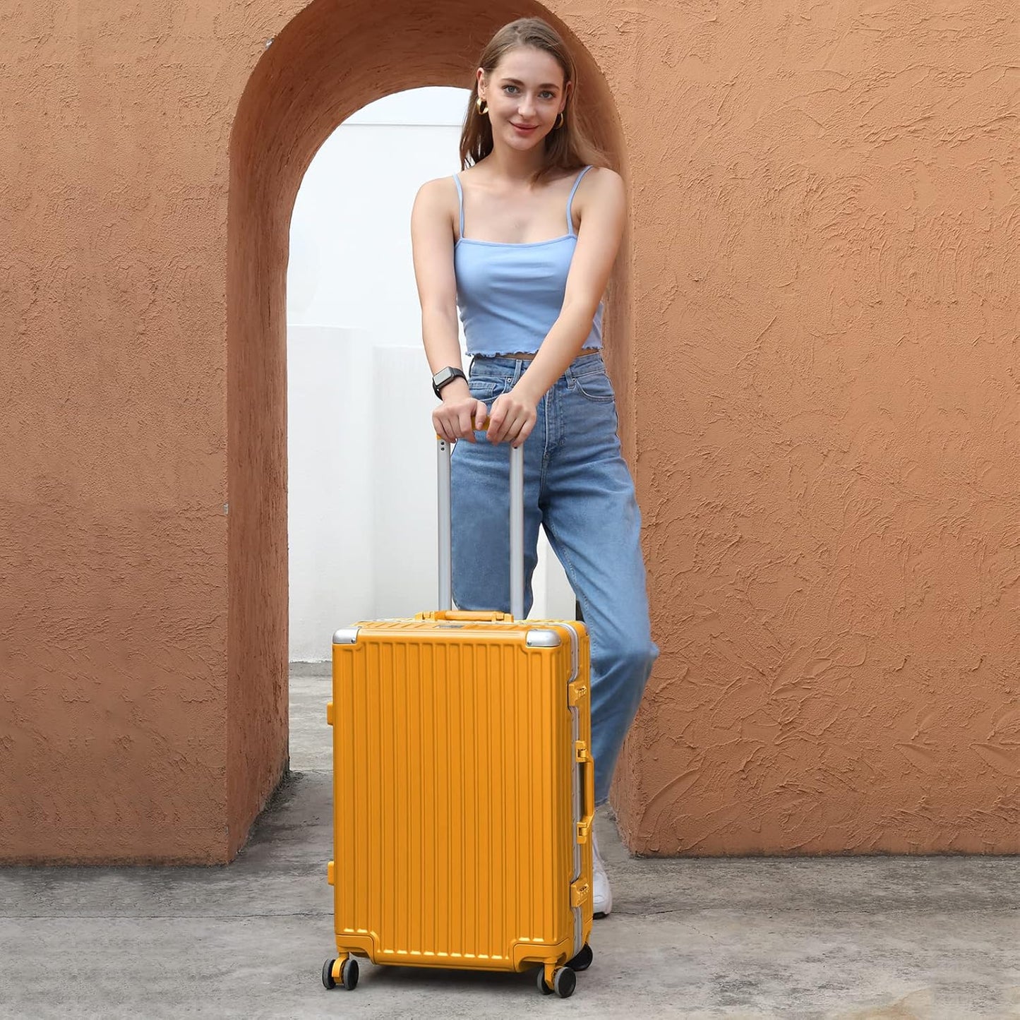AnyZip Luggage PC+ABS Aluminum Frame Zipperless Checked Luggage Hard Shell Suitcase with TSA Lock Double Spinner Wheels 24 Inch Orange