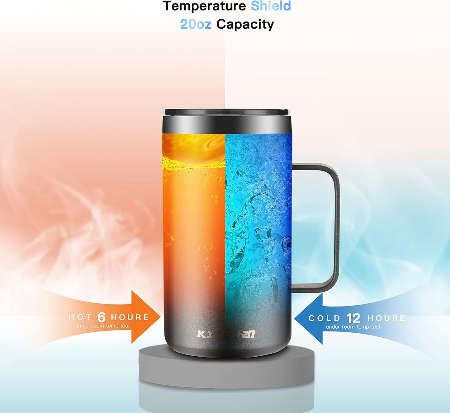 KXIAOCHEN 20oz Insulated Coffee Mug with Lid, Stainless Steel Coffee Cup, Double Wall Vacuum Coffee Tumbler with Handle, Premium Thermal Travel Coffee Mug (Silver grey)