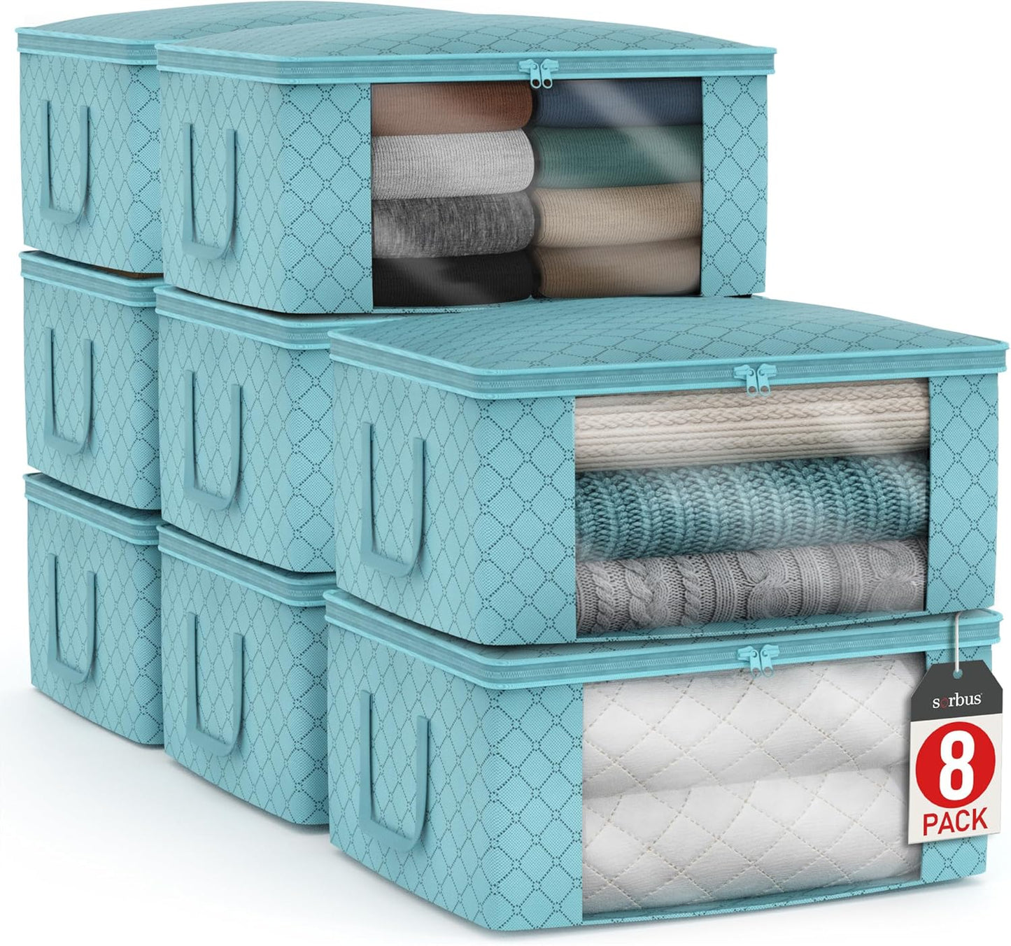 Sorbus Medium Clothes Storage Bags - Foldable Blanket Storage Bins for Organizing Bedroom, Closet, Clothing, Comforter, Organization with Clear Window, Lids and Carry Handles - Set of 8