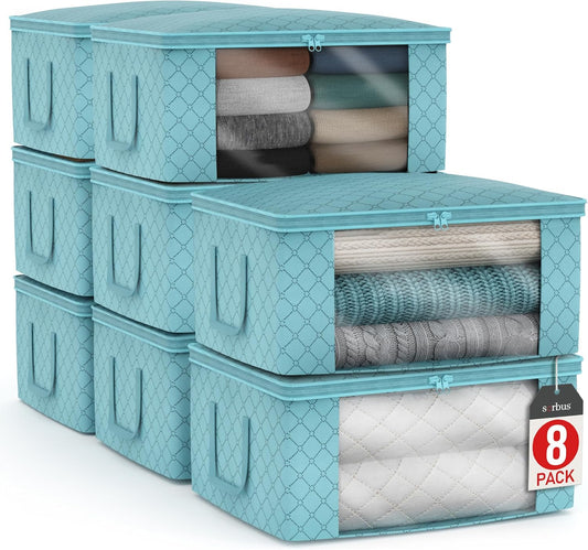 Sorbus Medium Clothes Storage Bags - Foldable Blanket Storage Bins for Organizing Bedroom, Closet, Clothing, Comforter, Organization with Clear Window, Lids and Carry Handles - Set of 8