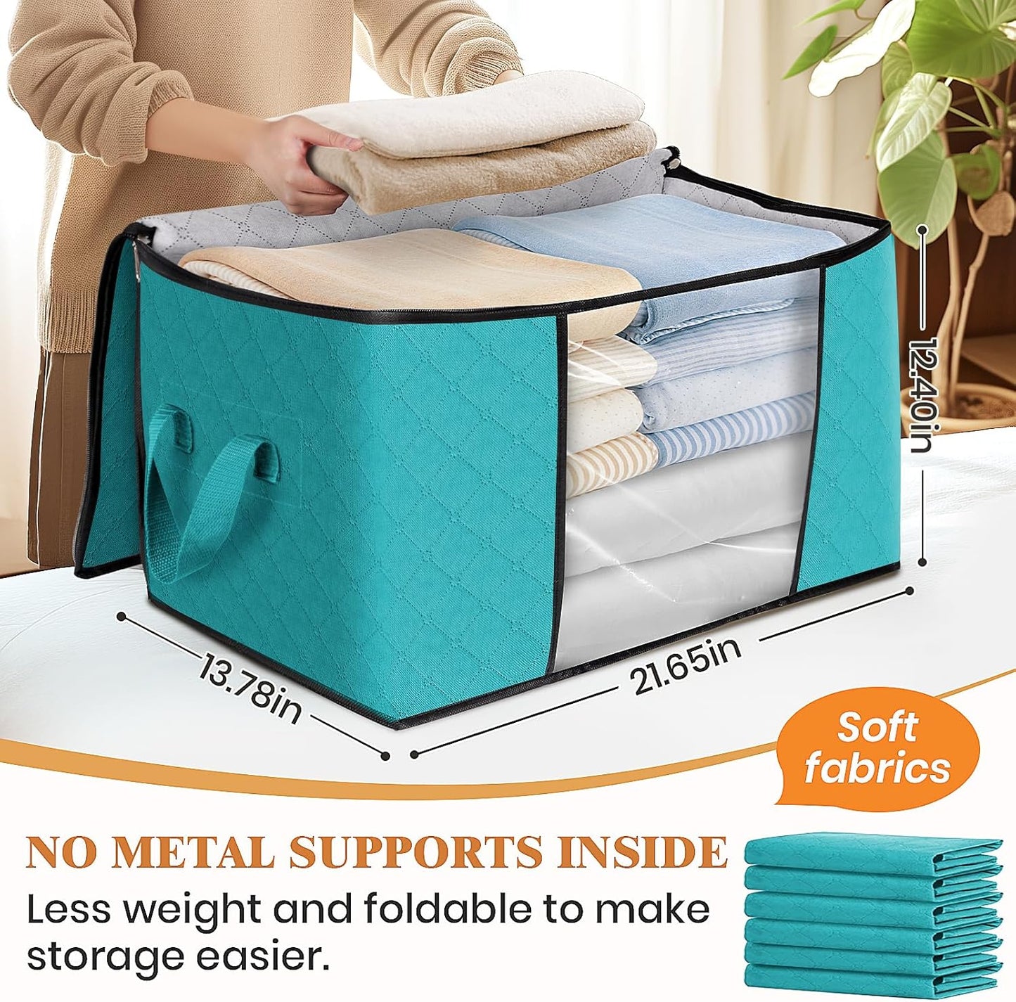 Fab totes 6 Pack Clothes Storage, Foldable Thick Fabric Blanket Storage Bags, Containers for Organizing Bedroom, Closet, Clothing, Comforter,Closet Organization with Handle,Green