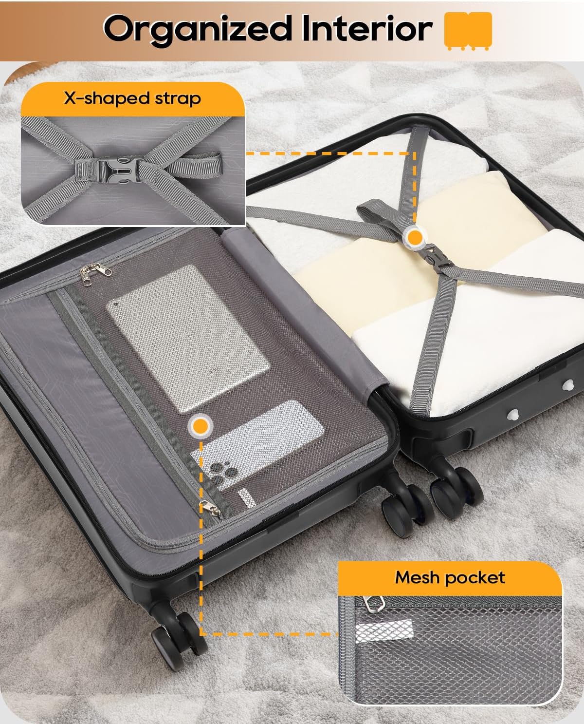 Joyway Carry on Luggage Airline Approved with Front Pocket, Hardside 20 Inch Travel Luggages with Cup Holder, Carry-on Suitcase with Spinner Wheels for Men and Women (Black, 20 Inch)