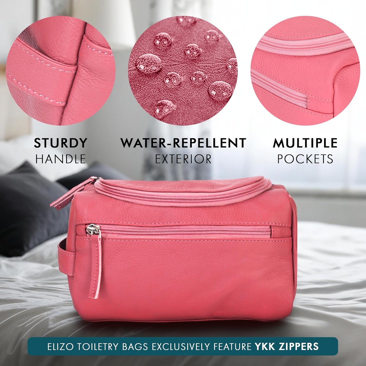 ELIZO Premium REAL Leather Toiletry Bag for Men Dopp Kitt Hanging Mens Toiletry Large TSA Toiletries Bag Shaving Grooming Bag Organizer Espresso (Pink, Large)