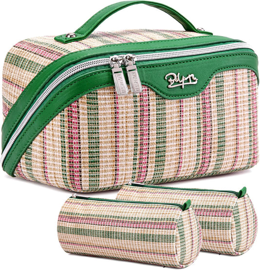 Travel Makeup Bag for Women: Large Capacity Open Flat Make up Bag Set of 3 - Vegan Leather Cosmetic Bag with Compartments - Waterproof Toiletry Bag with Handle & Divider(Green)