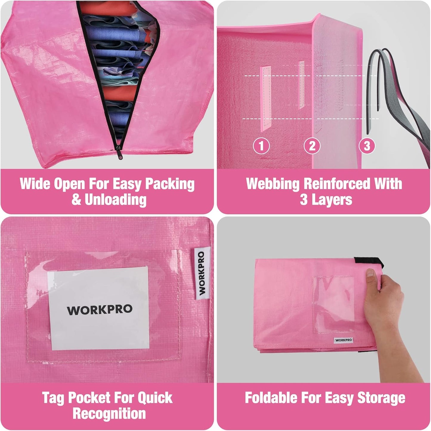 WORKPRO 6 Pack Extra Large Moving Bags with Zippers & Carrying Handles Backpack Straps, Heavy-Duty Storage Tote for Space Saving Moving Storage (Pink)