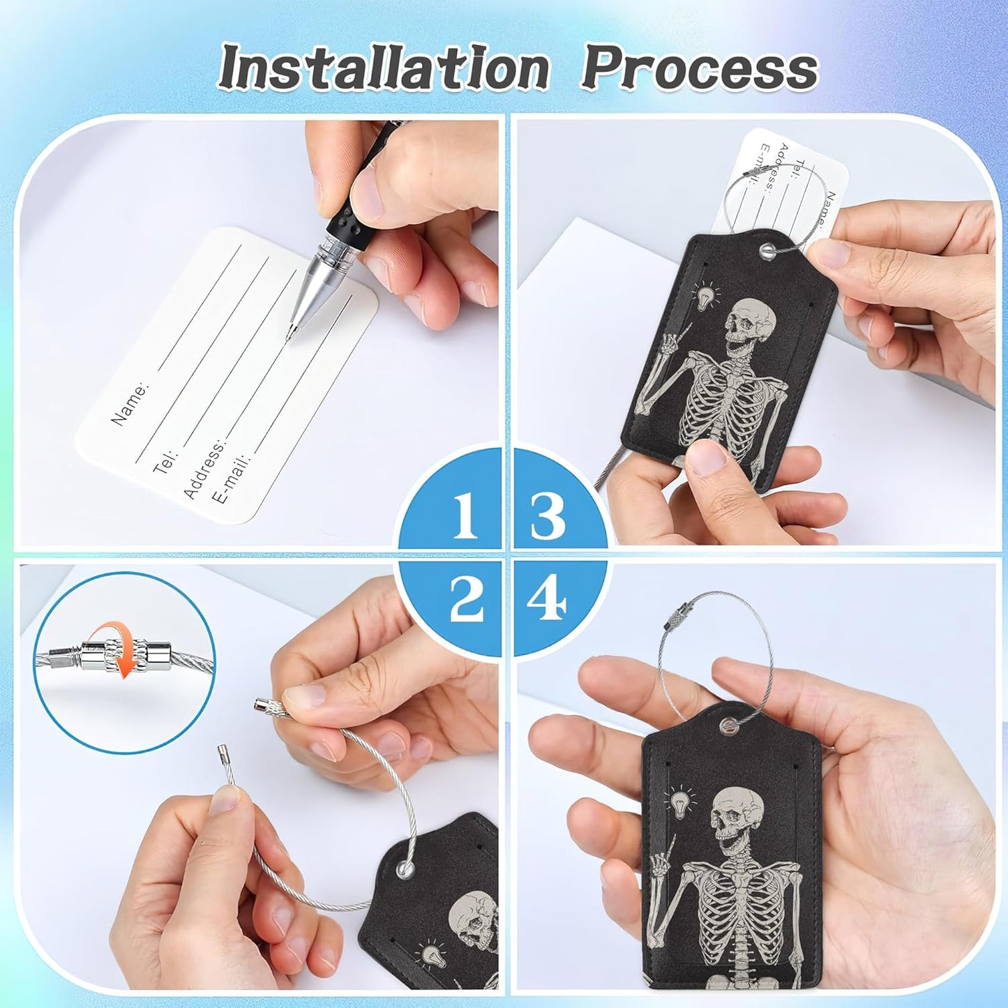 3 Pack Luggage Tag for Suitcase,Rock Roll Skeleton Leather Luggage Tags with Privacy Cover Name ID Label Identifiers Travel Bag Tags for Women Men Boys Girls