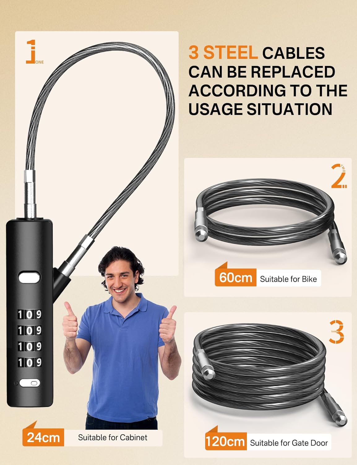 4-Digit Combination Cable Luggage Lock with 3 Interchangeable Steel Cables (9"/24"/47") – for Bike, Backpack, Gym, Cabinet, Gate (Gray, 1 Pack)