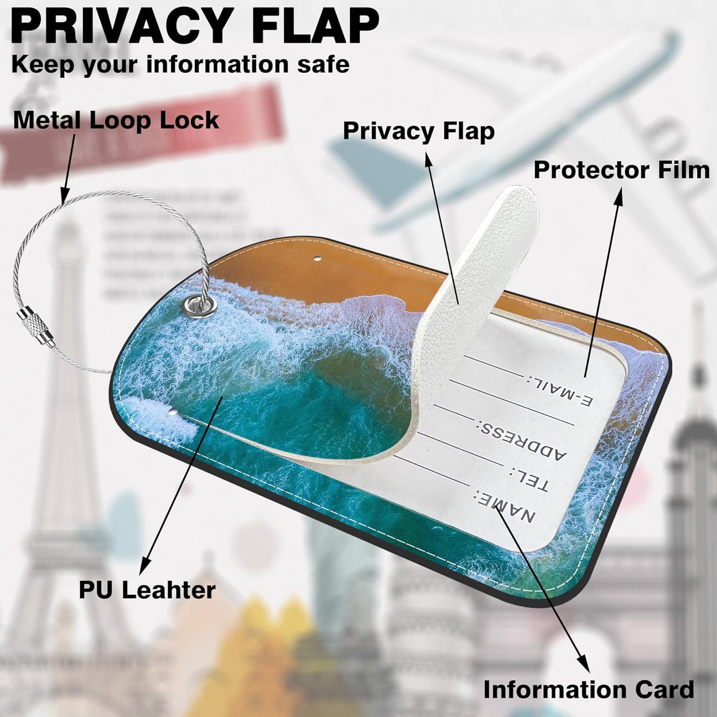 2 PCS Leather Luggage Tag for Suitcase Sea Waves and Sand Beach Scene Travel Suitcase Labels with Privacy Name ID Label and Stainless Steel Loop for Adults Teens Travel Bag Labels Set