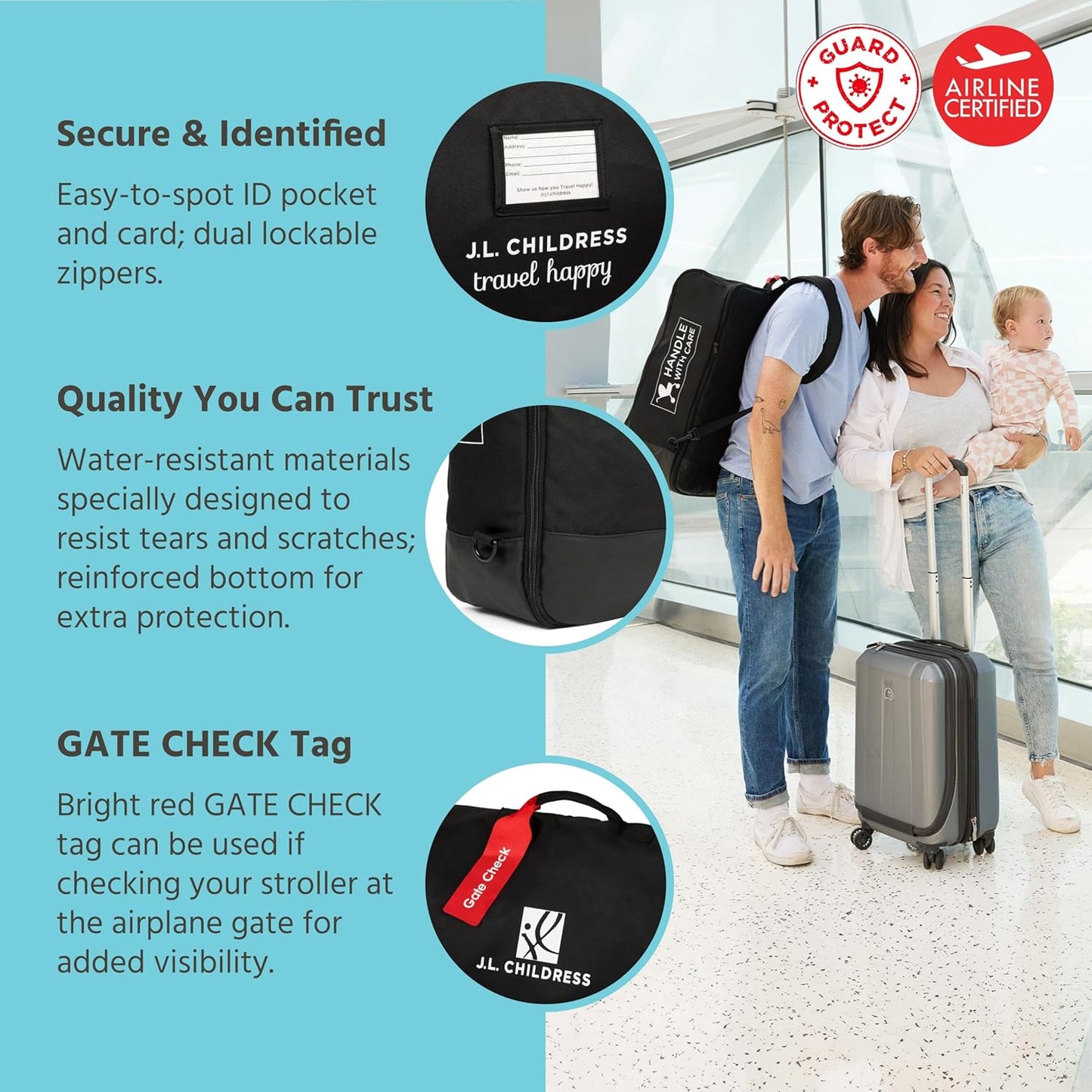 J.L. Childress Compact Travel Stroller Bag for Airplane - Fits Most Compact-Fold Single Baby Strollers, Compatible with UPPAbaby MINU, GB Pockit, Nuna TRVL & More, AirTag Compatible - Black