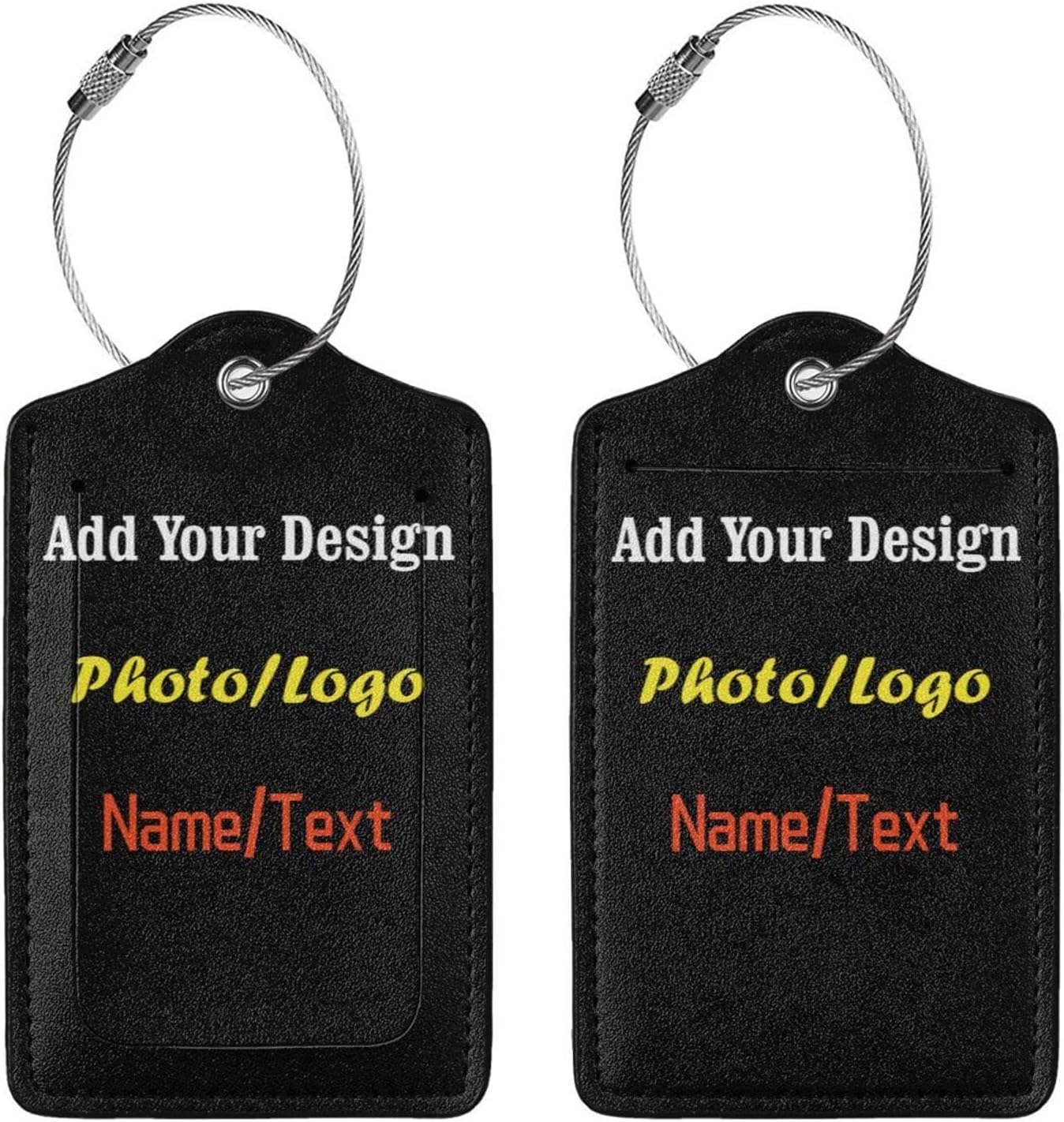 2 Pack Personalized Luggage Tags for Suitcases Travel with Photo Name Logo, Custom Leather Bag Tag for Women Girls Couples, Privacy Cover with Stainless Steel Loop Name Id Card Labels