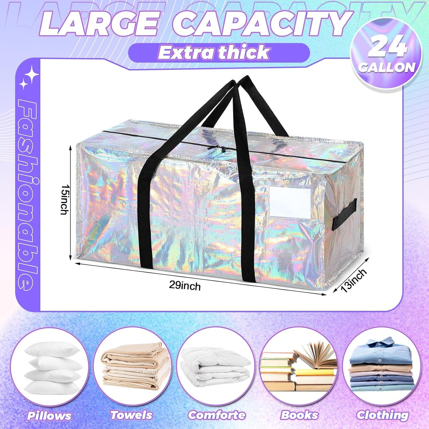 4 Pcs 24 Gallon Large Moving Bags with Zipper and Handles Foldable Storage Duffle Bags Heavy Duty Extra Large Totes for College Dorm Travel Clothes Blankets Bedding Moving (Iridescent)