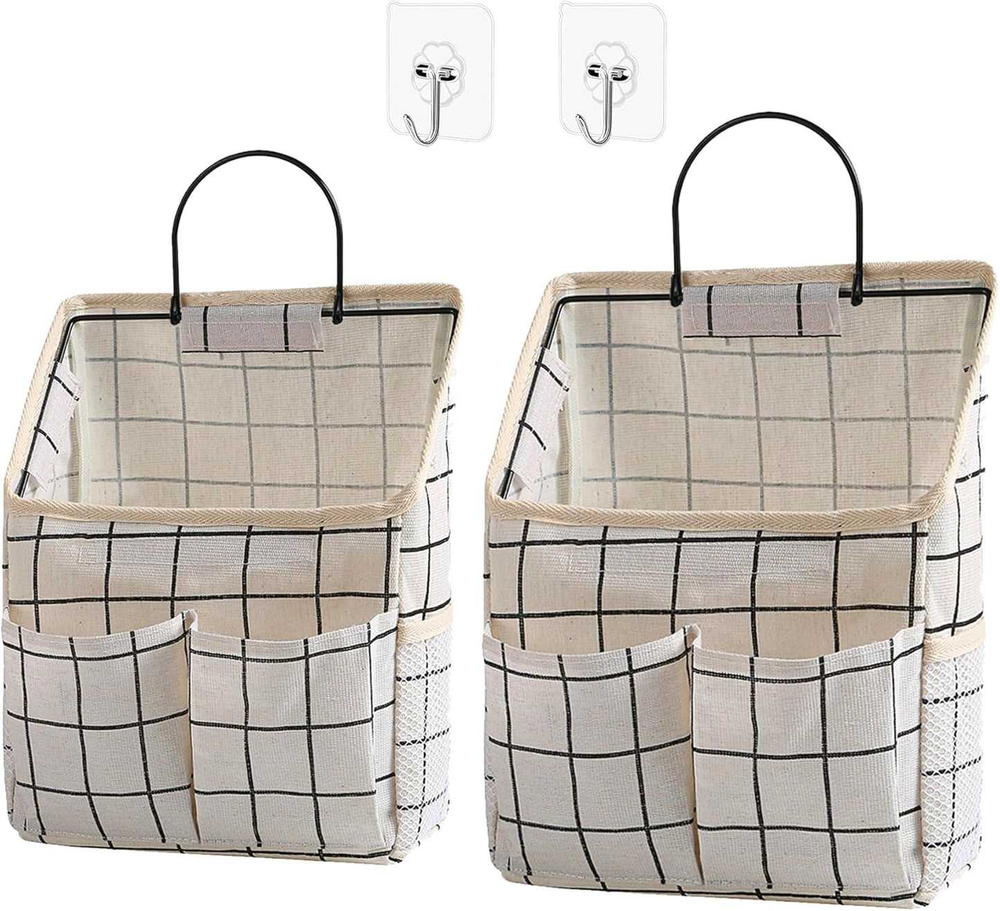 2 Pack Wall Hanging Storage Bags, Organizer with Pockets, Storage for Dormitory Bathroom Bedroom Kitchen (White Grid)