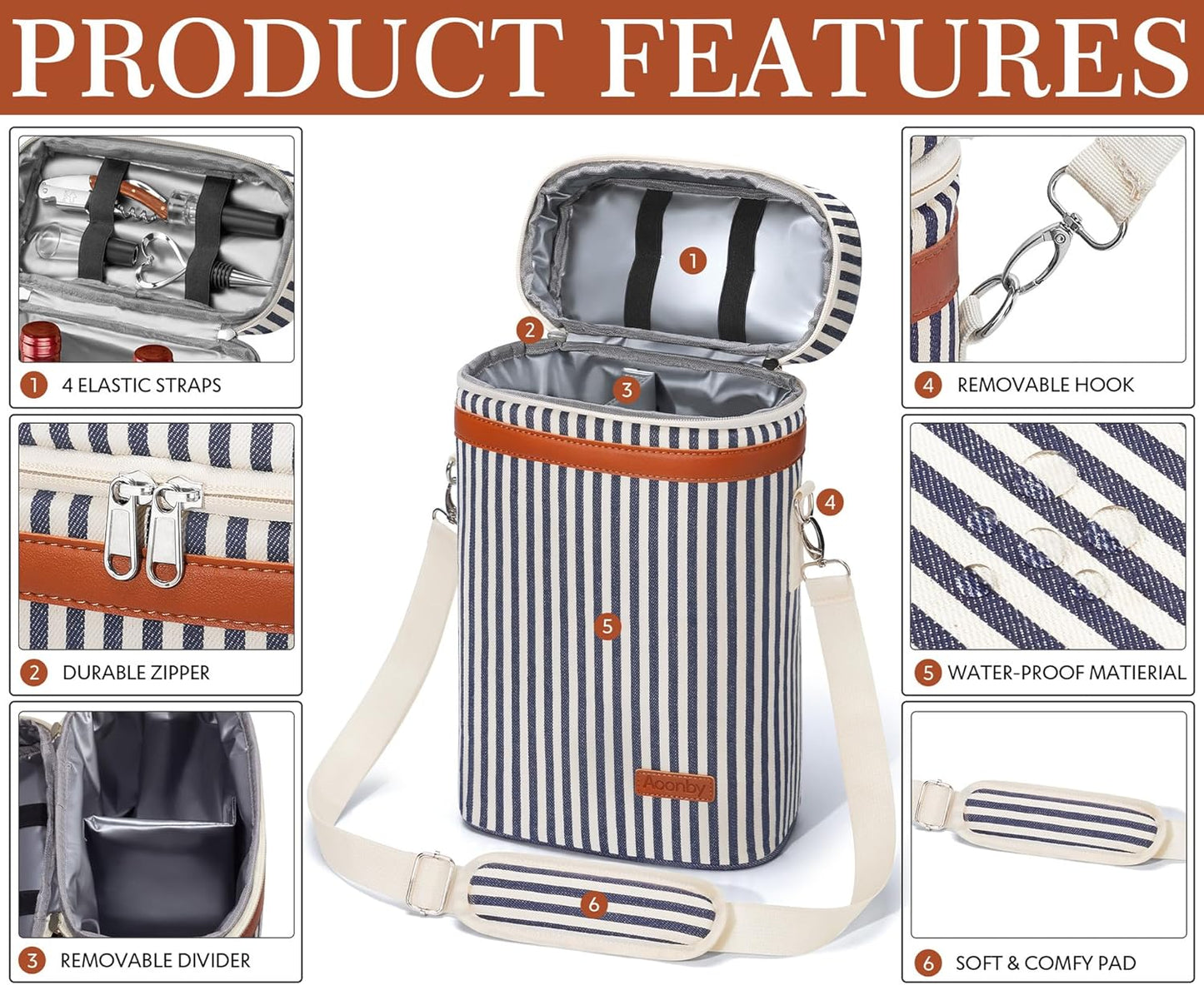 2 Bottle Wine Bag Wine Cooler Carrier Wine Gift Tote Bag, Leakproof & Insulated Bottle Bags for Travel, BYOB, Beach, Dinner, Party, Christmas Gifts for Wines Lovers Women Men - Navy Stripe