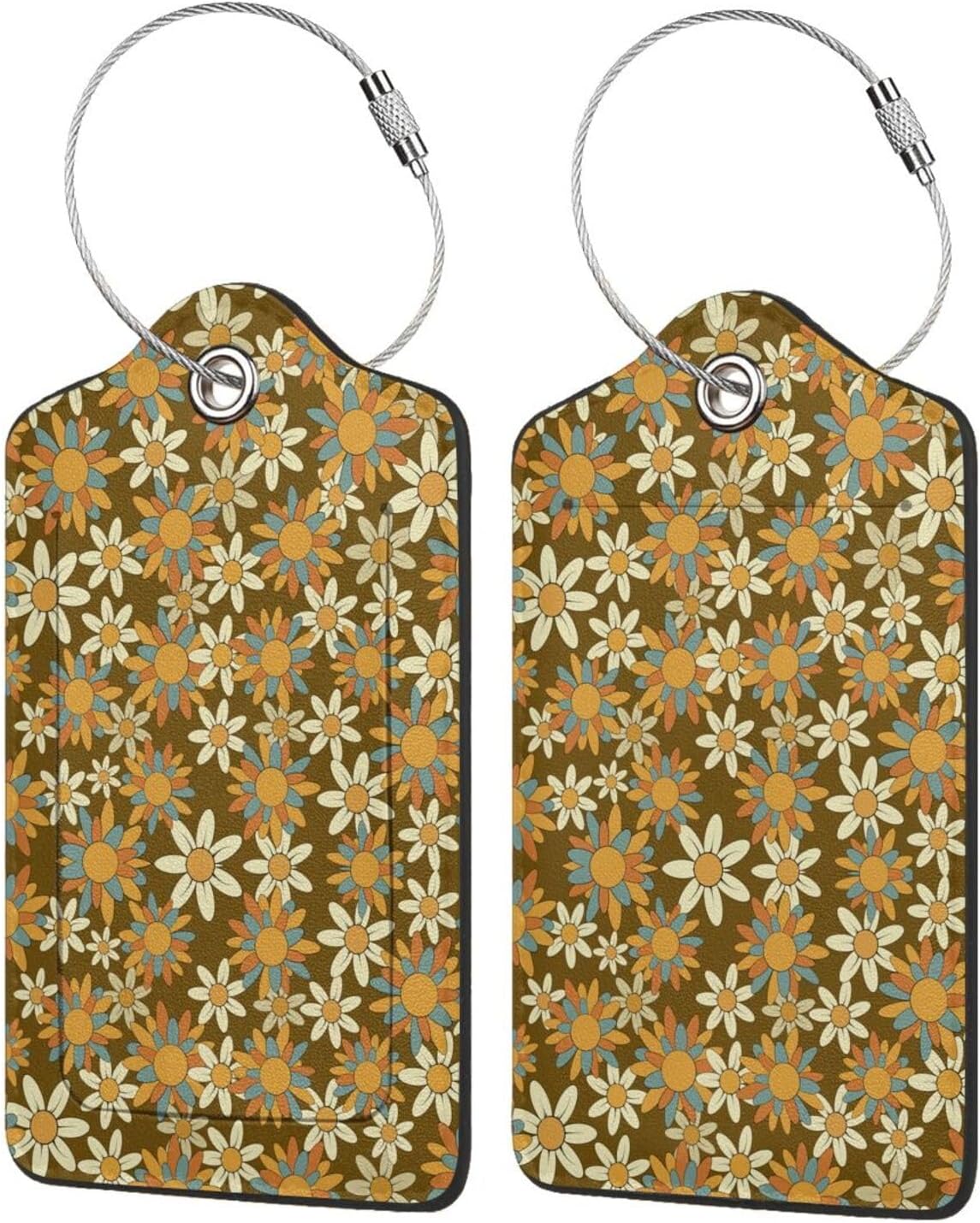 Flowers Leather Luggage Tag with Stainless Steel Ring, Fun Name Id Card Cover Travel Bag Tag Set, Suitable for Travel Bag Luggage Women Men 1 PCS