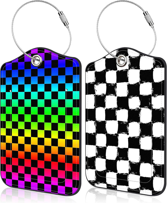 2 Pack Luggage Tags Rainbow Squares and Checkered Flag PU Leather Baggage Tag with Privacy Cover Stainless Steel Loop and Name ID Card for Men Women Travel Bag Luggage Accessories