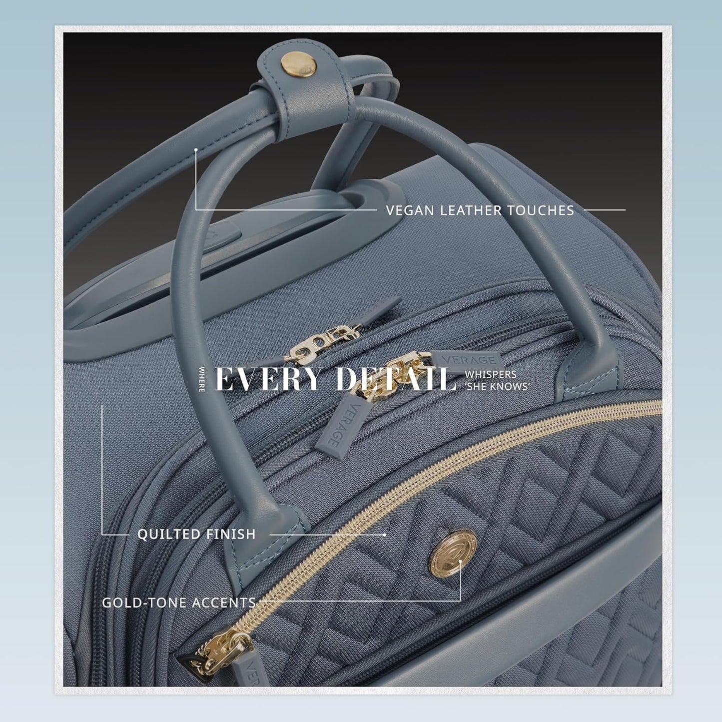 Verage 18x14x8in Spinner Underseat Carry-On Luggage -Airplane Personal Item Bag, USB A&C Charging Port, Padded Laptop Pocket & Wet/Dry Compartments for Women, Haze Blue