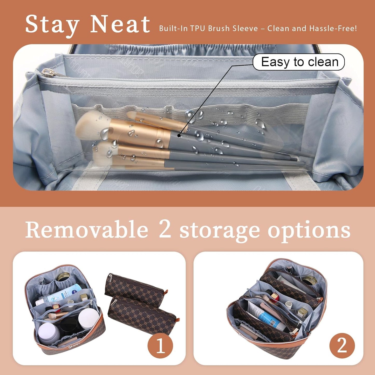 BOYATU Travel Makeup Bag Cosmetic Bags for Women: 3 Pcs Set Large Portable Make up Bag with Handle - Vegan Leather Toiletry Bags with Compartments - Makeup Organizer for Travel Essentials(01-Coffee)