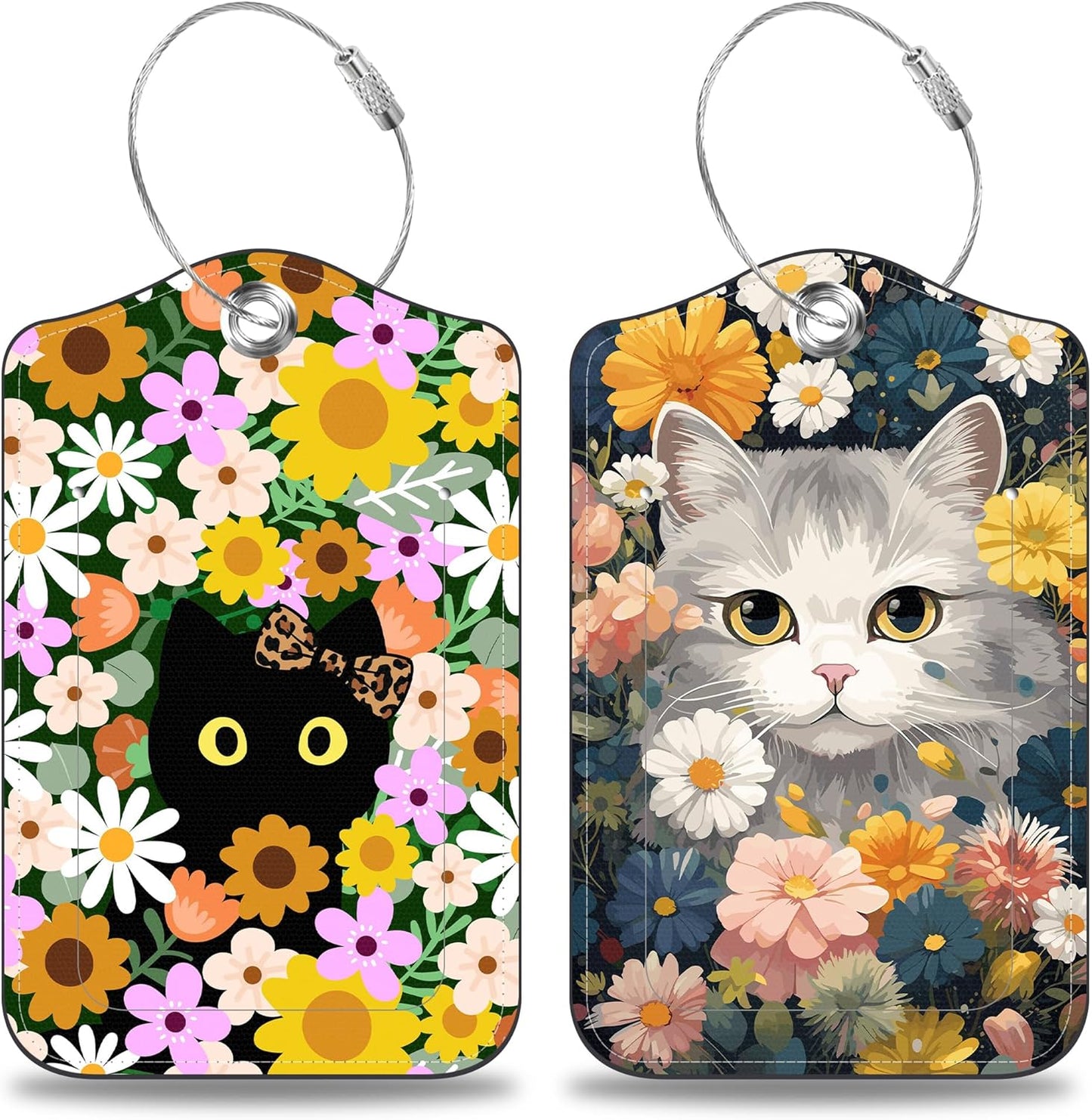 2 Pack Luggage Tags for Suitcases Cute Cat with Colorful Flowers Leather Luggage Tags Privacy Cover ID Label with Stainless Steel Loop and Address Card for Women Men Travel Bag Backpack