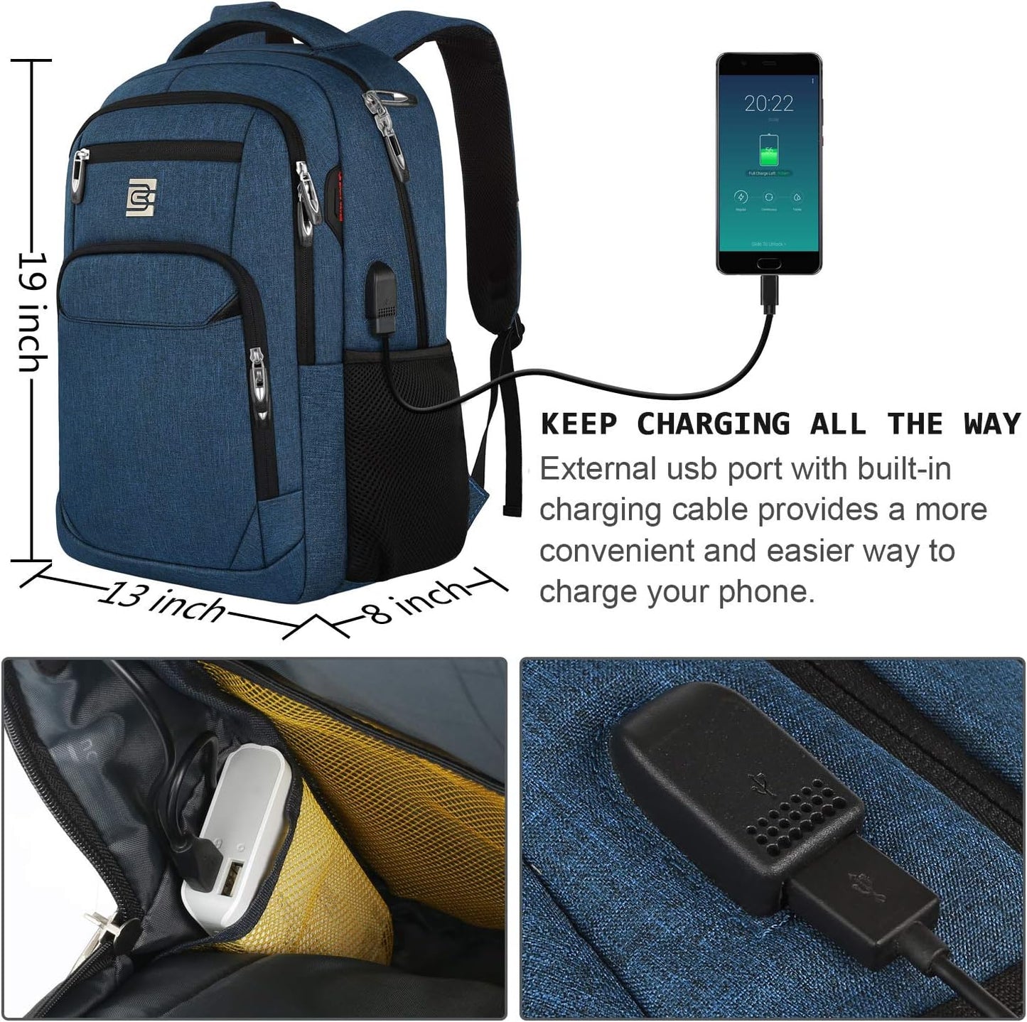 Laptop Backpack,Business Travel Anti Theft Slim Durable Laptops Backpack with USB Charging Port,Water Resistant College Computer Bag for Women & Men Fits 15.6 Inch Laptop and Notebook - Blue
