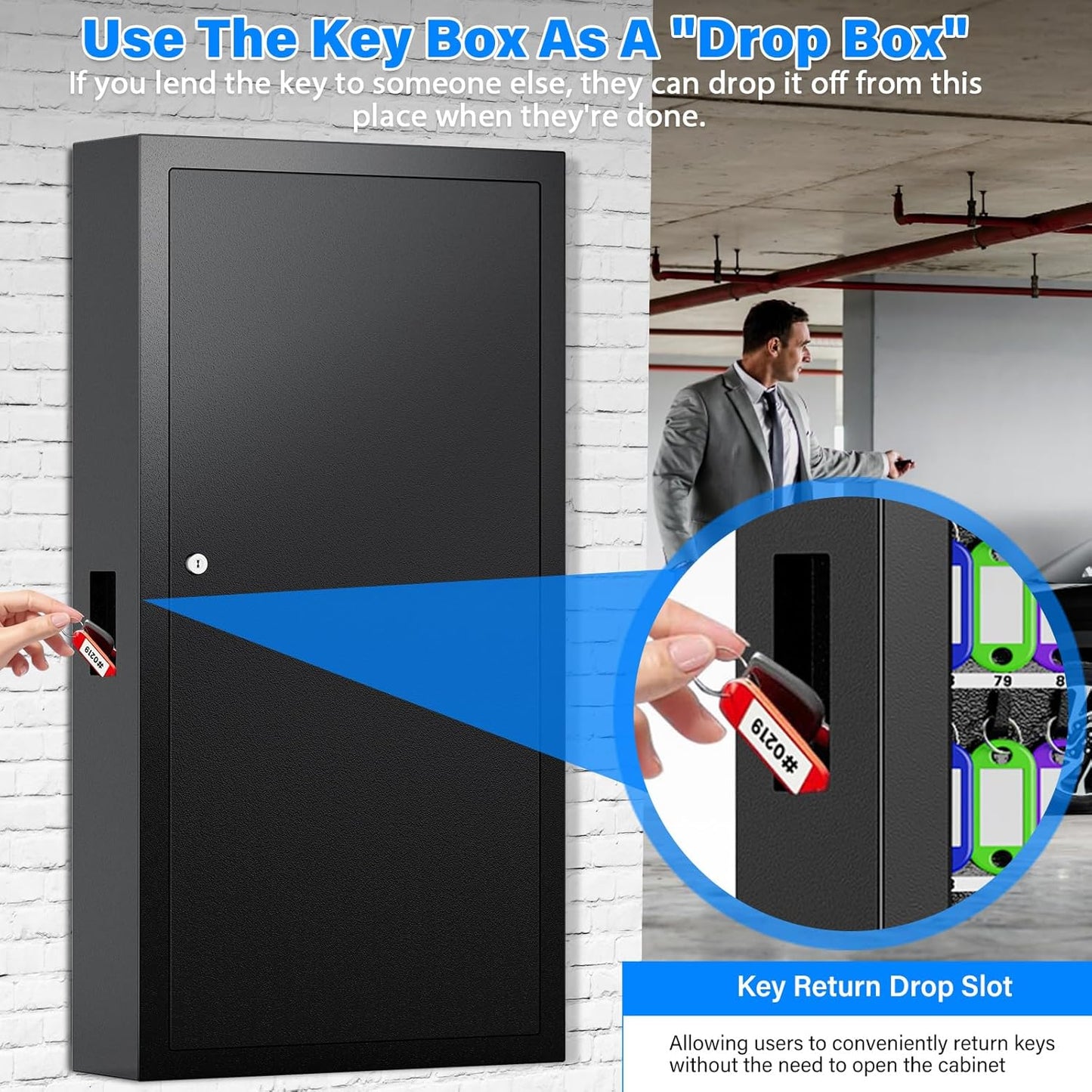 250 Keys Key Lock Box Wall Mount with Additional 24 Side Hooks and Key Tags, Anti-Theft Key Box Key Cabinet with Side Drop Slot, Key Organizer Key Safe for Home Office Garage Rental Business