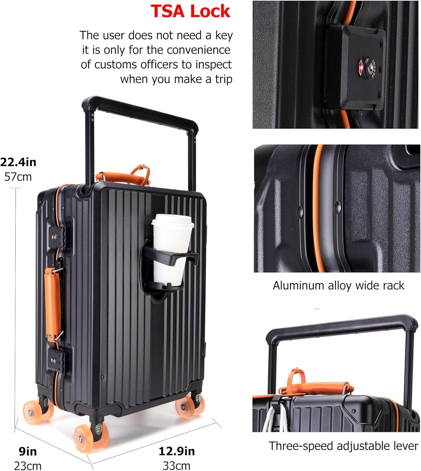 feilario 20" Aluminum Frame Wide Handle Hard Shell Carry On Suitcase - Vivid Colors Double Spinner Wheels Airline Approved Rolling Luggage with TSA Lock & Cup Holder (Black, 20in)