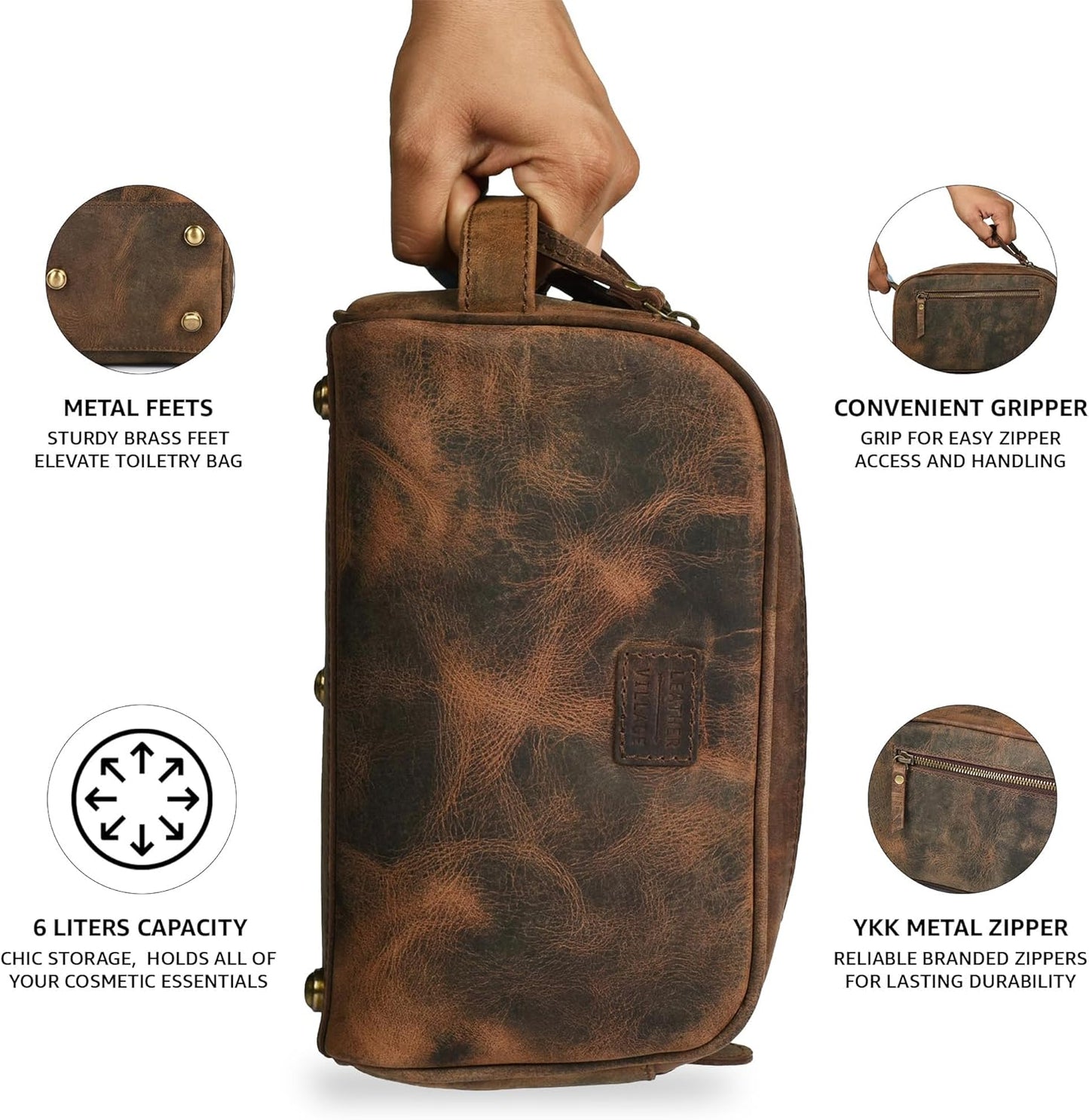 LEATHER VILLAGE Premium Leather Toiletry Travel Pouch With Waterproof Lining - Brown | King-Size Handcrafted Vintage Dopp Kit Bag