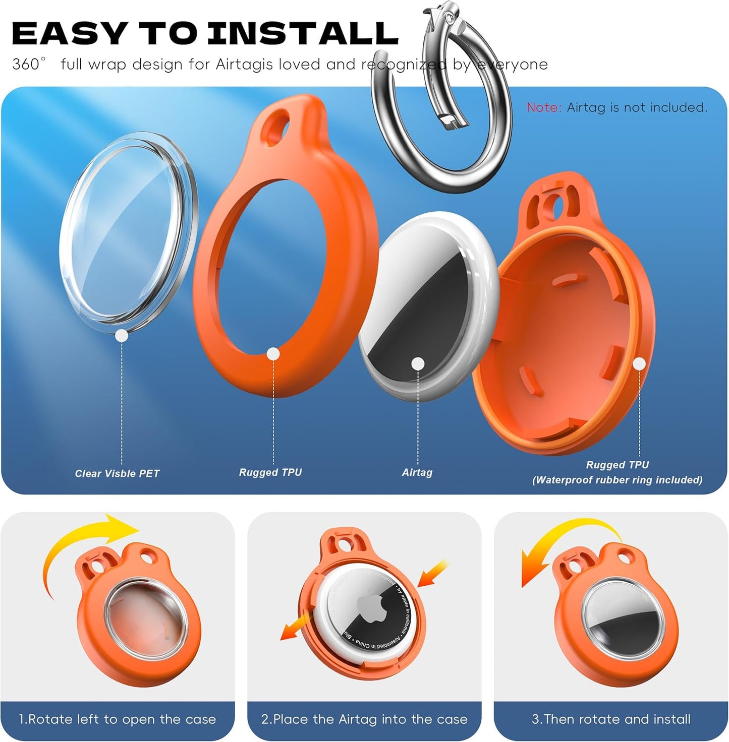 2025 New Waterproof AirTag Keychain Holder - (Set of 4) Air Tag Locking Case with Cable, Compatible with Apple AirTags, Ultra Durable Loss Prevention Case for Luggage, Keys,Black, Orange, Blue, Red