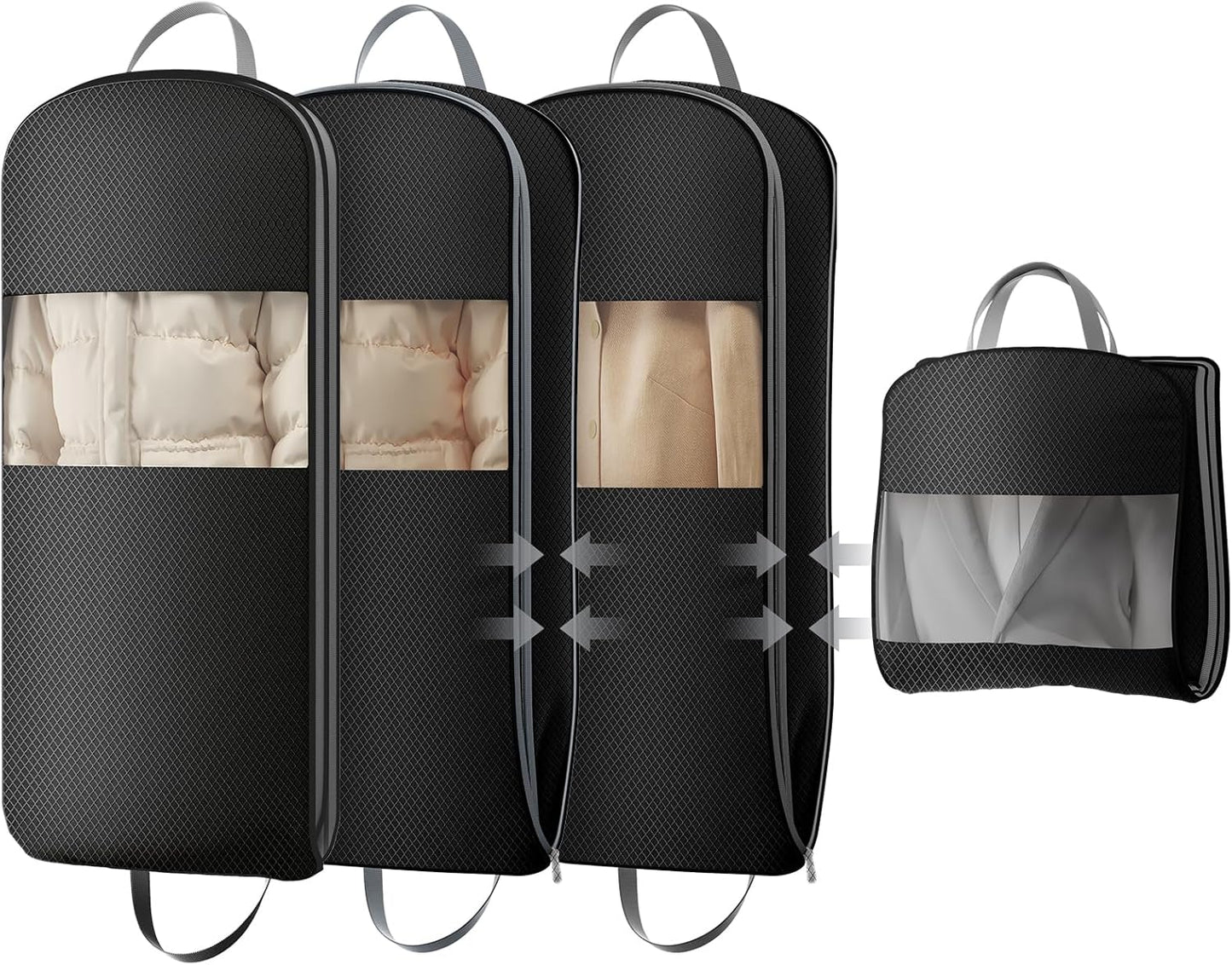 DIMJ 4 Pack 43" Space Saving Garment Bags for Hanging Clothes With Compression Zipper Carry Handles and Window, Washable Suit Bag for Dress, Clothes, Coats, Down Jacket, Closet, Moving, Travel