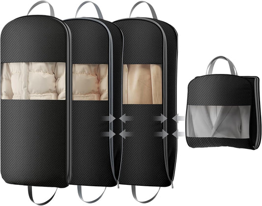 DIMJ 4 Pack 43" Space Saving Garment Bags for Hanging Clothes With Compression Zipper Carry Handles and Window, Washable Suit Bag for Dress, Clothes, Coats, Down Jacket, Closet, Moving, Travel