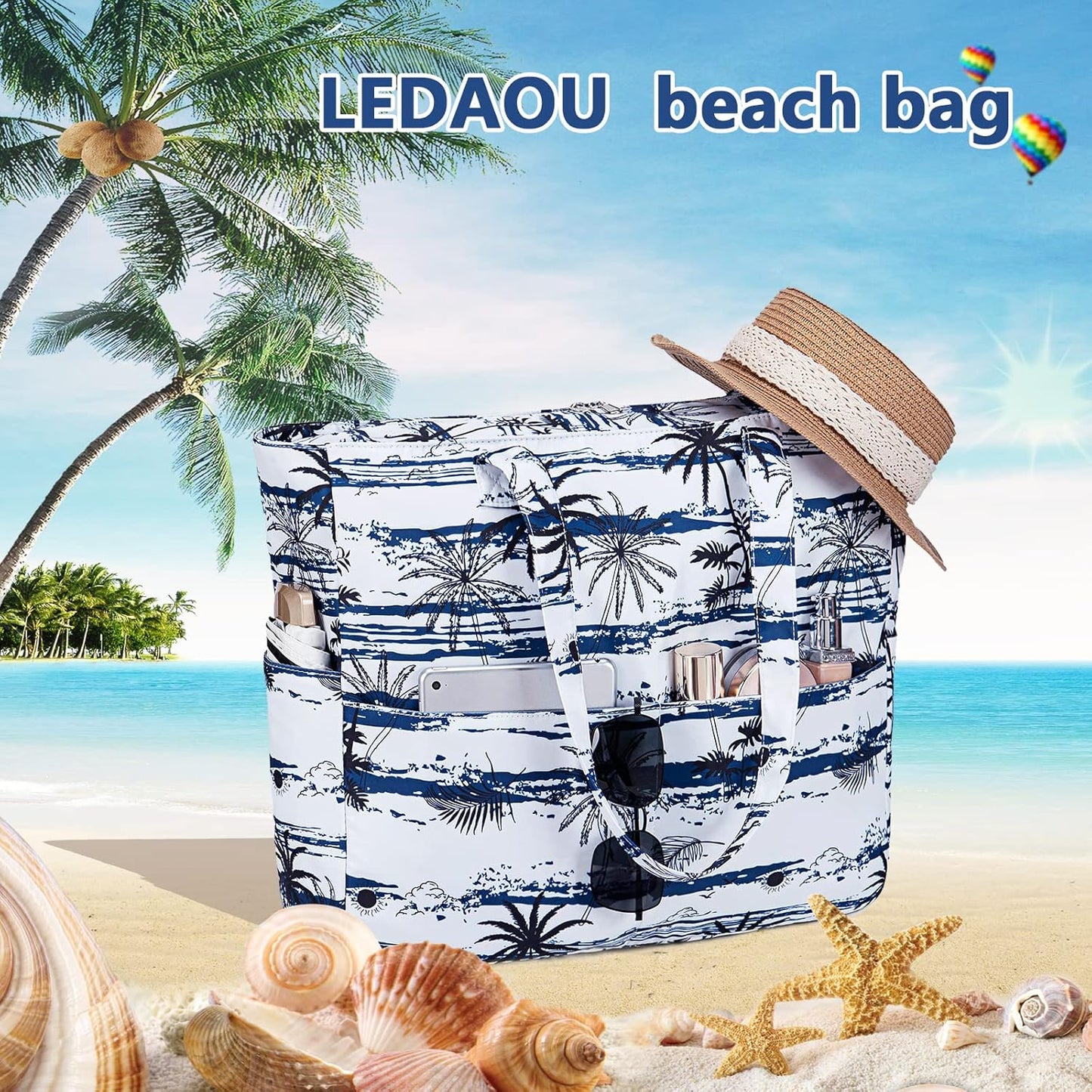 LEDAOU Large Beach Tote Bag Women Waterproof Sandproof Zipper Beach Tote Bag for Pool Gym Grocery Travel with Wet Pocket