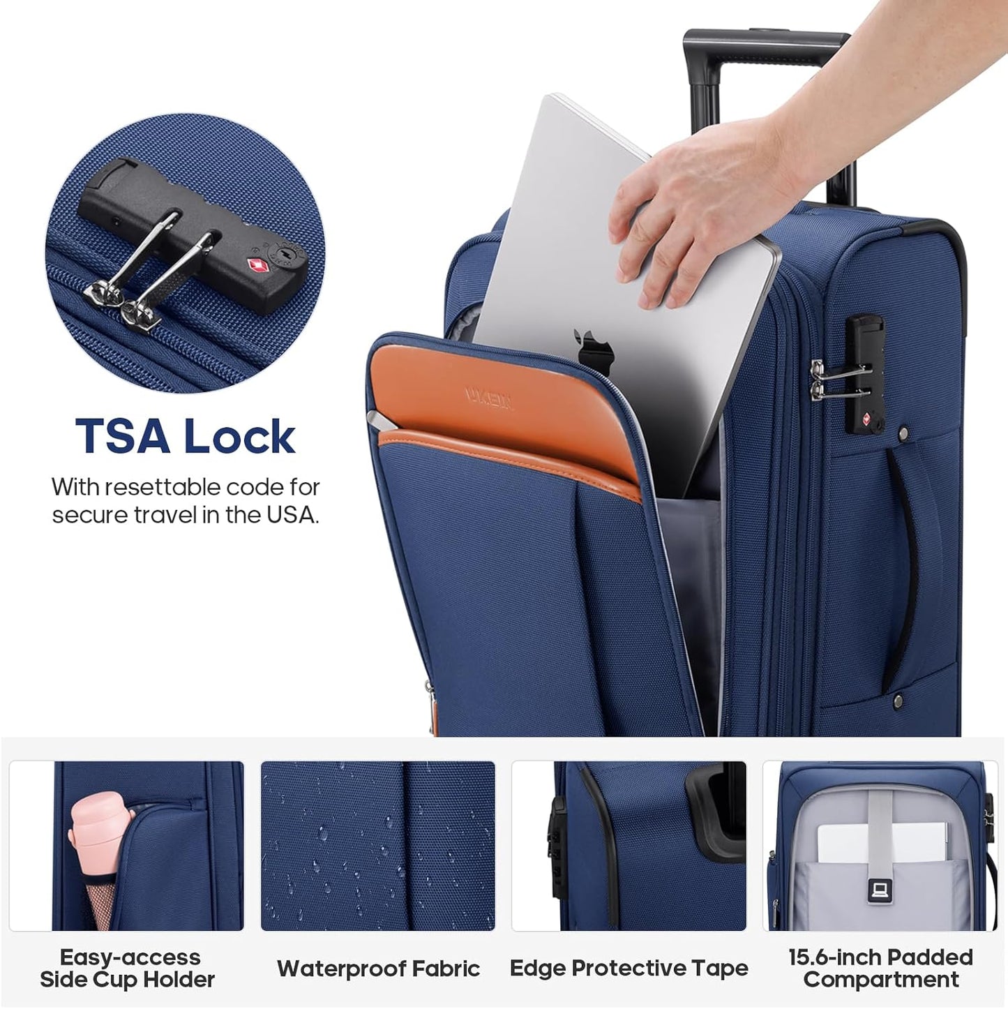 UKEIN Softside Expandable Carry On Luggage 22x14x9 Airline Approved, 20 Inch Carry On Suitcase with Wheels & TSA Lock, Travel Suitcase with 4-Piece Packing Bags for Women Men