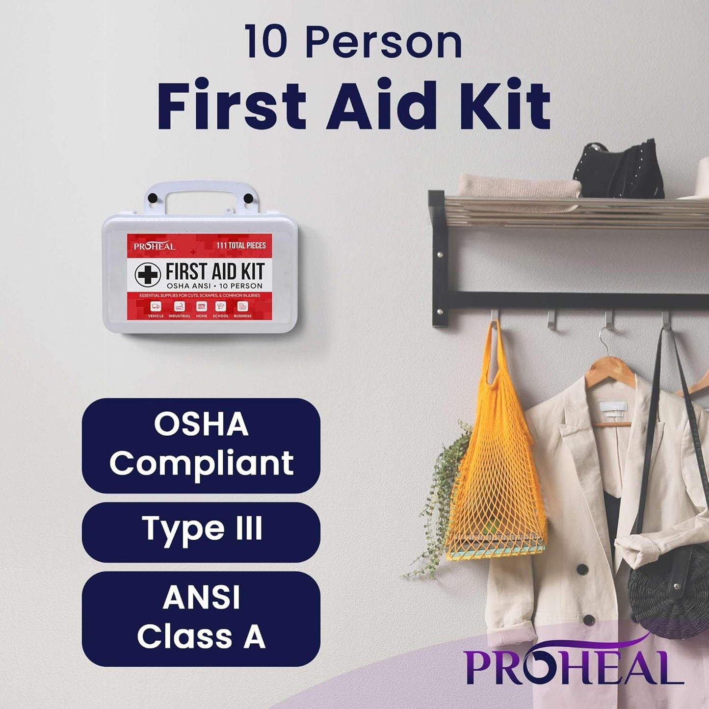 OSHA Compliant First Aid Kit - 10 Person, Type III, ANSI Class A Emergency Kit for Truck, Car, Construction Site - 111 Essential First Aid Supplies