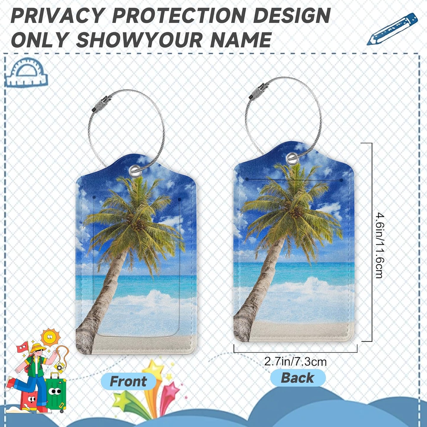 Beach Sea Luggage Tags for Suitcases,2 Pack Coconut Palm Tree Luggage Tag,Leather Stainless Steel Loop Label Tag for Women Men Girls Travel Bag Suitcase