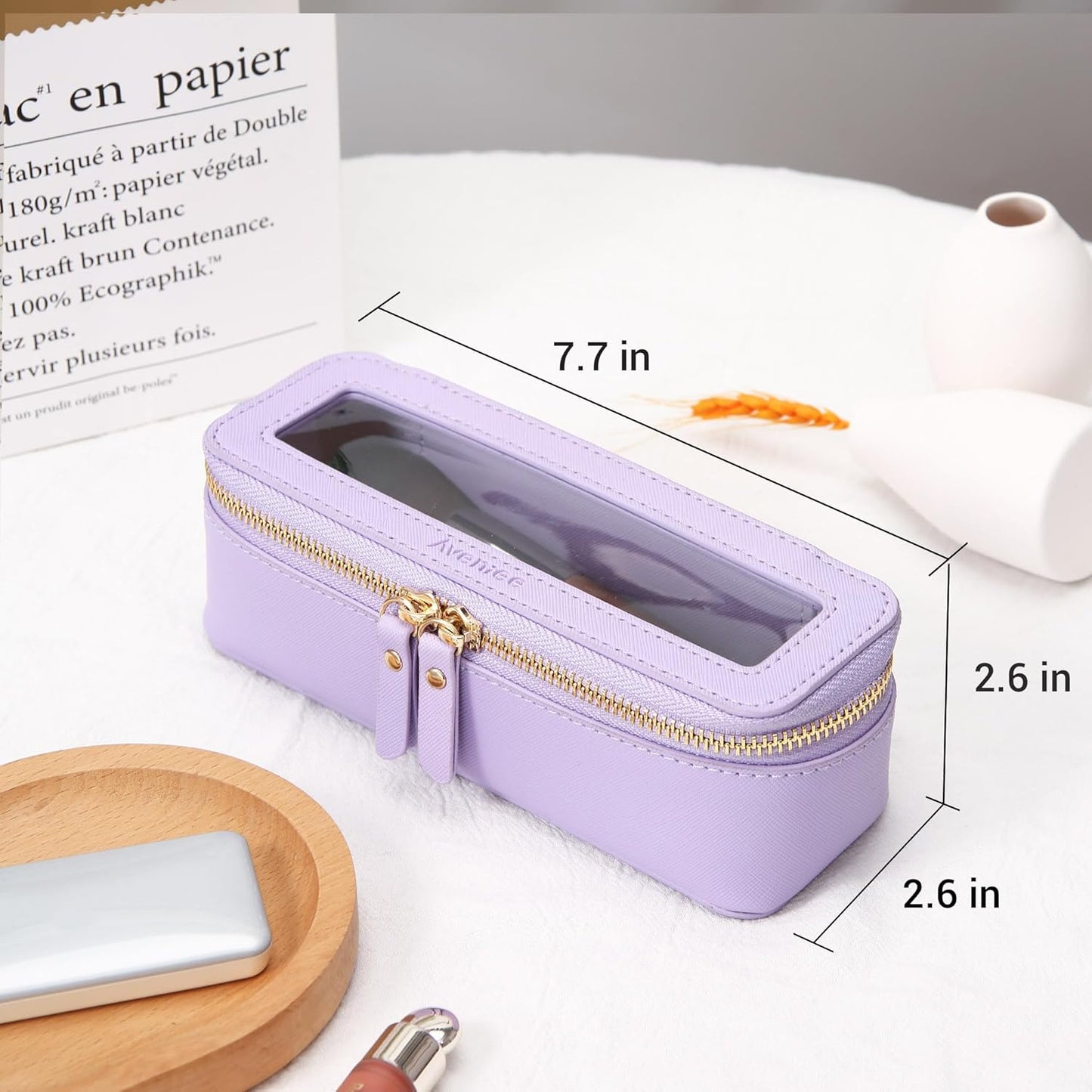 Aveniee Clear Makeup Brush Bag, Slim Brush Holder Cosmetic Case, Small Travel Toiletry Bag for Women, Thin Make up Bags with Dual Zipper, Cute Travel Essentials Srorage Bag.Lilac