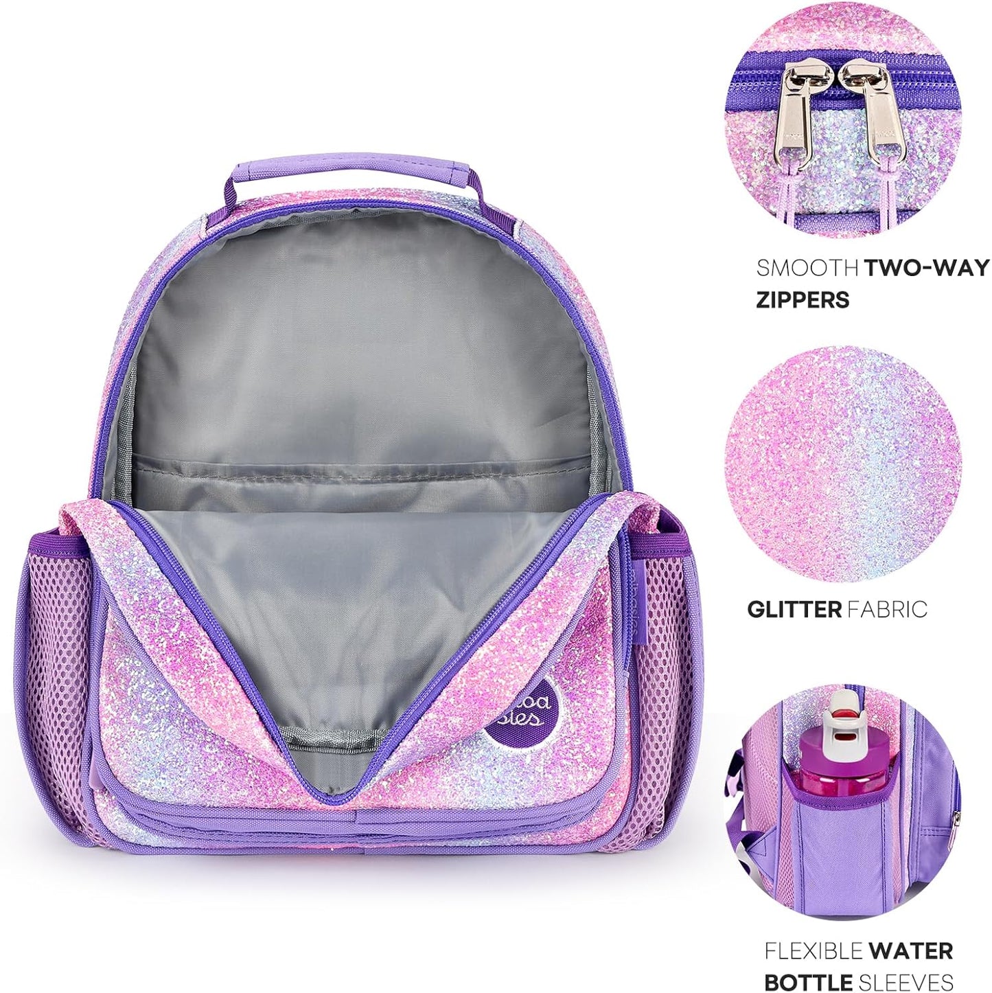 mibasies Toddler Backpack for Girls 2-4: Glitter Kids Backpacks for Girls - Preschool Kindergarten Backpack - Purple