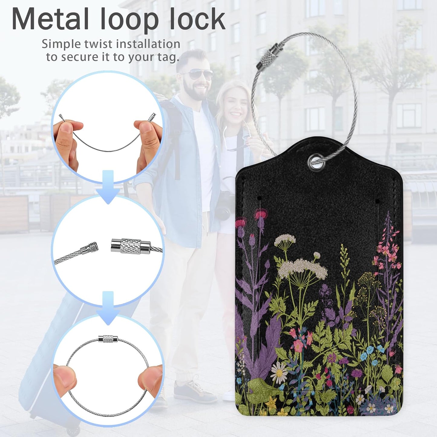 Butterfly Luggage Tags for Suitcase,Colorful Pink Tulip Flowers Luggage Tags of Set 2 Leather Identifiers Privacy Cover with Stainless Steel Loop for Women Men Travel Bag Suitcase