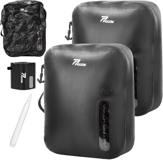 Vacuum Bags for Travel with Wireless Pump, 180° Open Zipper, IP67 Waterproof, Reusable Space Saver Compression Bags for Backpack, Suitcase, Home Storage(2 Pack + Pump)