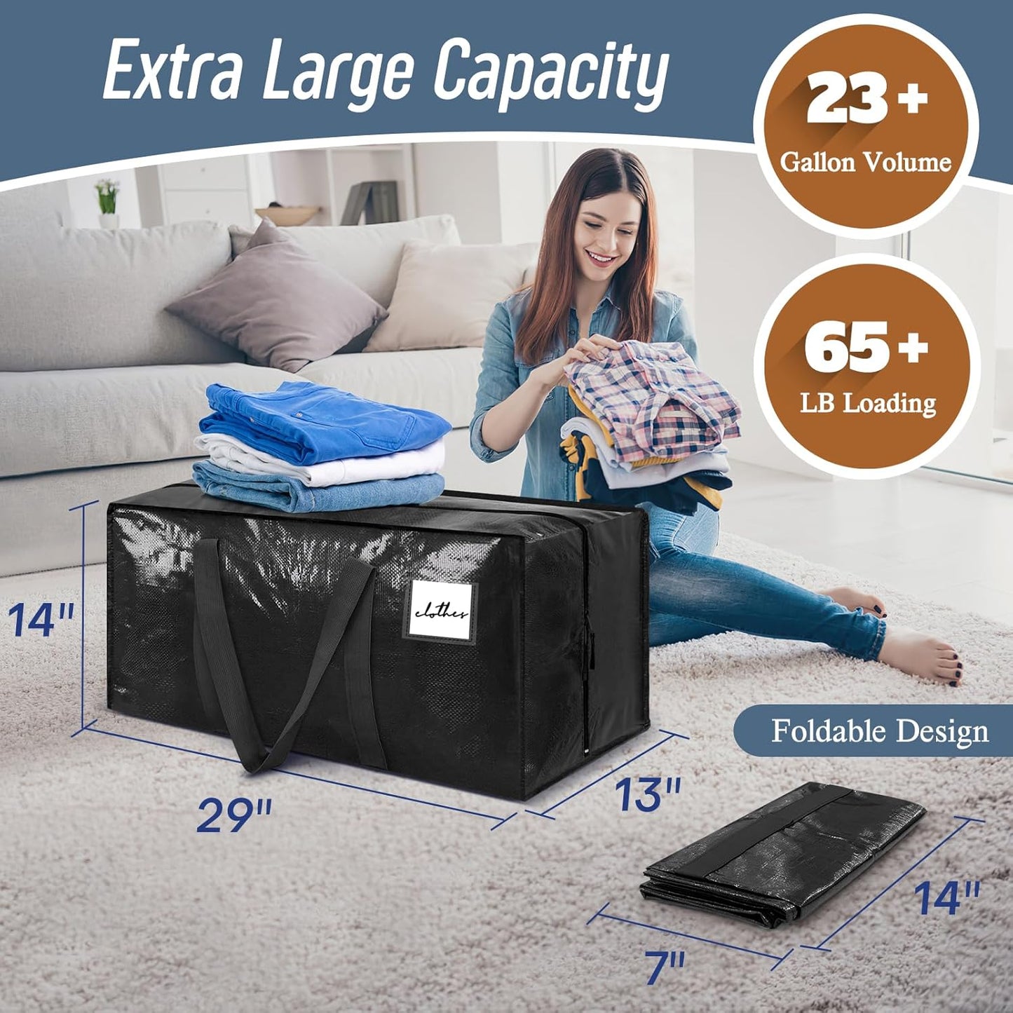 12 Pack Extra Heavy Duty Large Moving Bags with Strong Zipper & Comfortable Handles, Sturdy & Durable Clothes Storage Bags Totes Bins, Packing Moving Boxes for College Supplies, Black