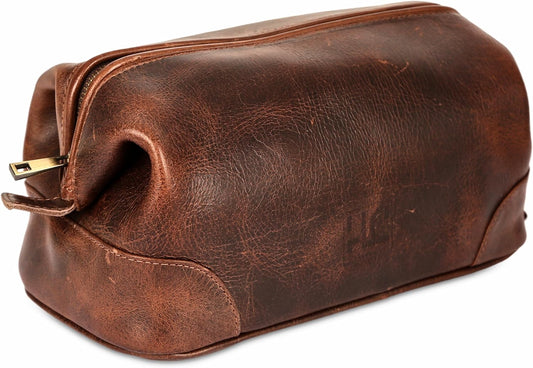 HLC Leather Toiletry Bag for Men - Best Gift for Men - Premium Genuine Leather Dopp Kit Shaving Kit Organizer Travel Kit Pouch Bag for Men - Large Size - Rustic Brown