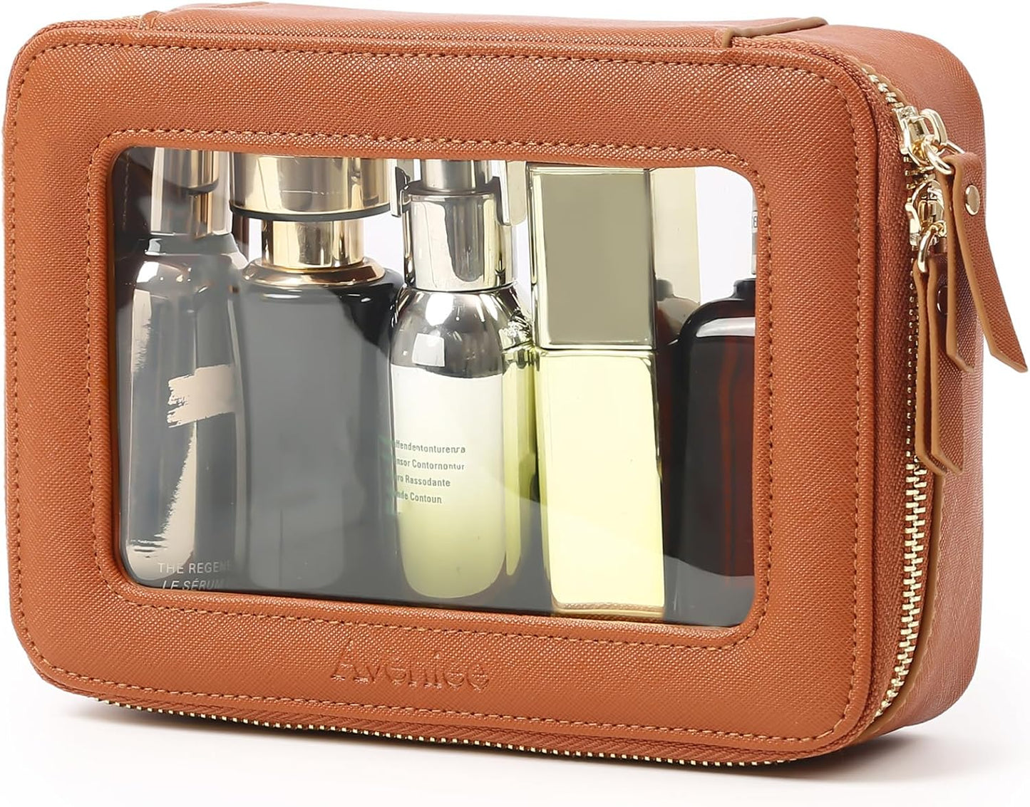 Aveniee Clear Makeup Bag, Travel Toiletry Case Car Accessories Organizer for Women, Heavy Duty Clear Pouch with Dual Zippers(Brown)