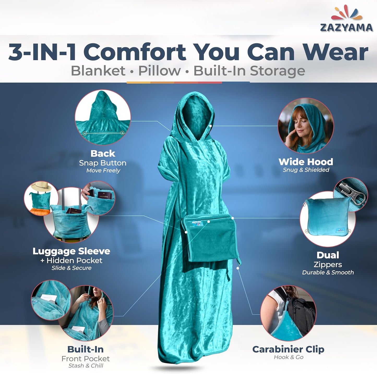 3-in-1 Travel Blanket Airplane – Compact with Bag & Pillow Combo Set, Ultra-Soft Fleece | Packable Blanket Compact | Hidden Pocket | Trolley Sleeve | Carabiner | Travel Essentials (Aqua Teal)