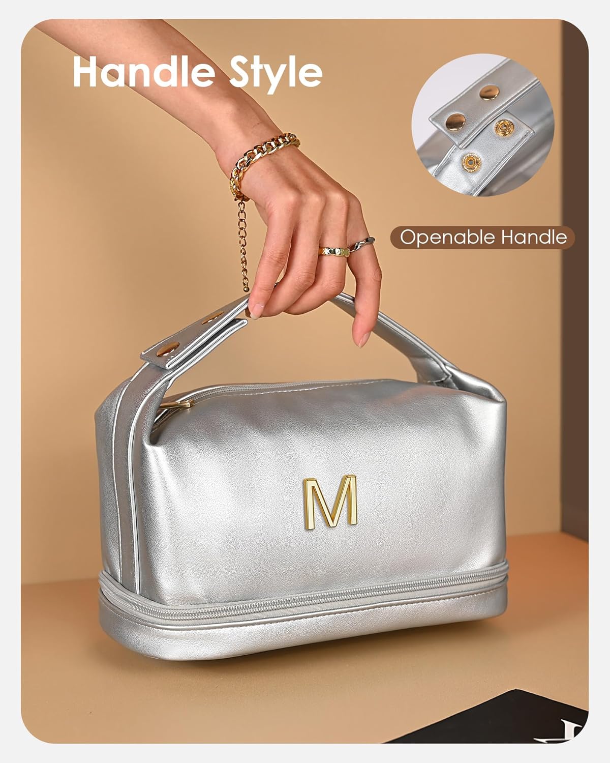 College Girl Gift Ideas, Personalized Makeup Bag with Handle, Initial Double Layer Cosmetic Bag with Makeup Brush Organizer, Cute Cosmetic Pouch for Women, Gift Ideas for Co Workers