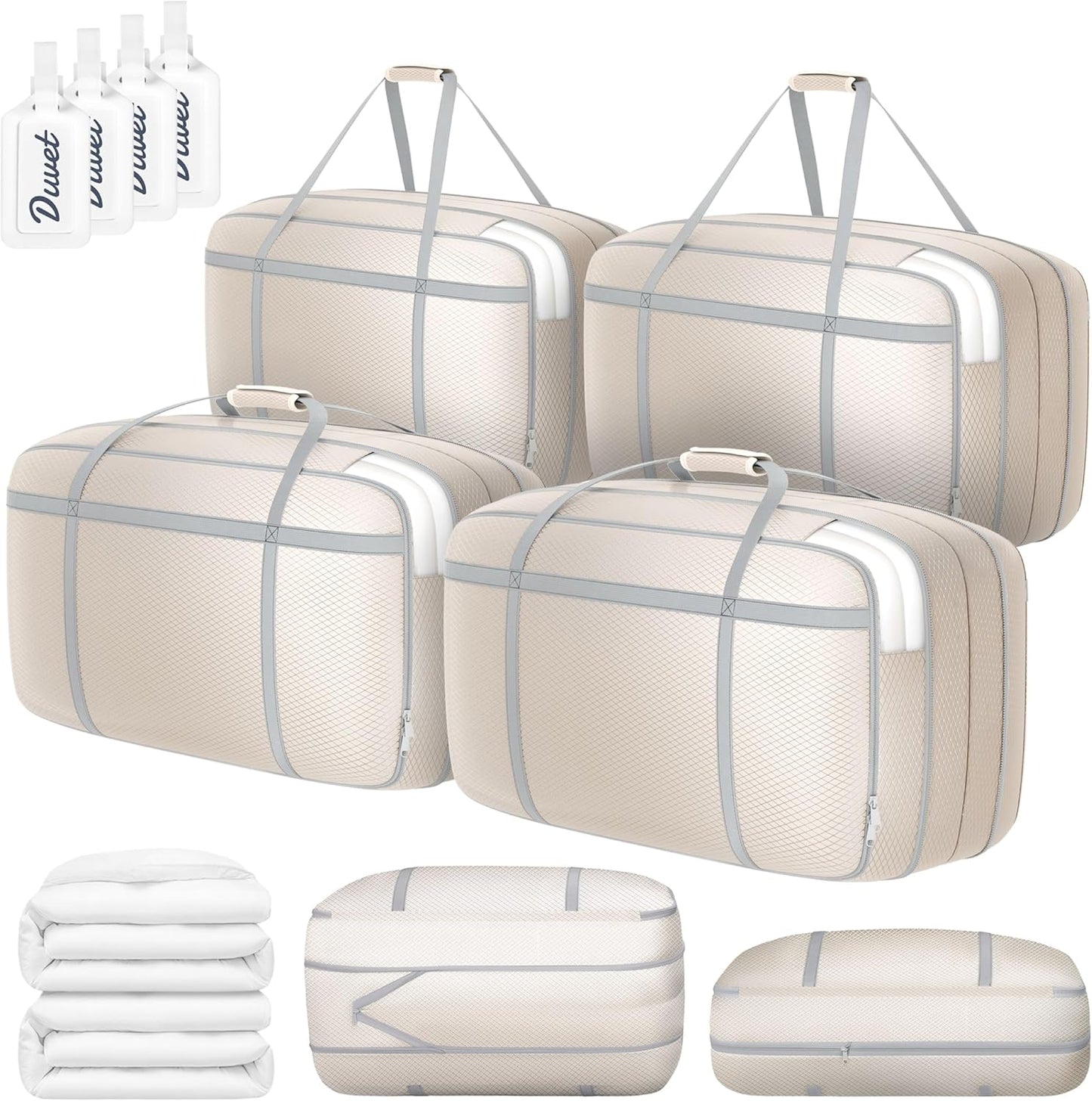 DIMJ Large Compression Comforter Storage Bag with Carry Handls, 100L Washable Blanket Storage Packing Totes, Space Saving Containers For Pillow, Clothes, Bedding, 4 PCS