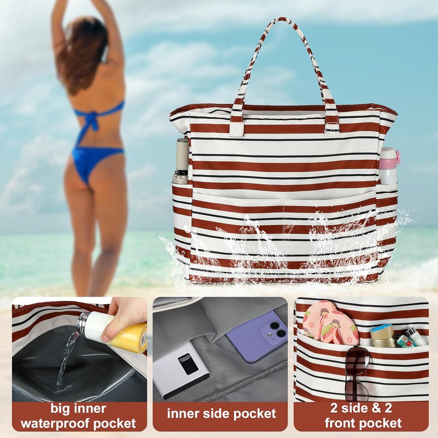 LEDAOU Large Beach Tote Bag Women Waterproof Sandproof Zipper Beach Tote Bag for Pool Gym Grocery Travel with Wet Pocket
