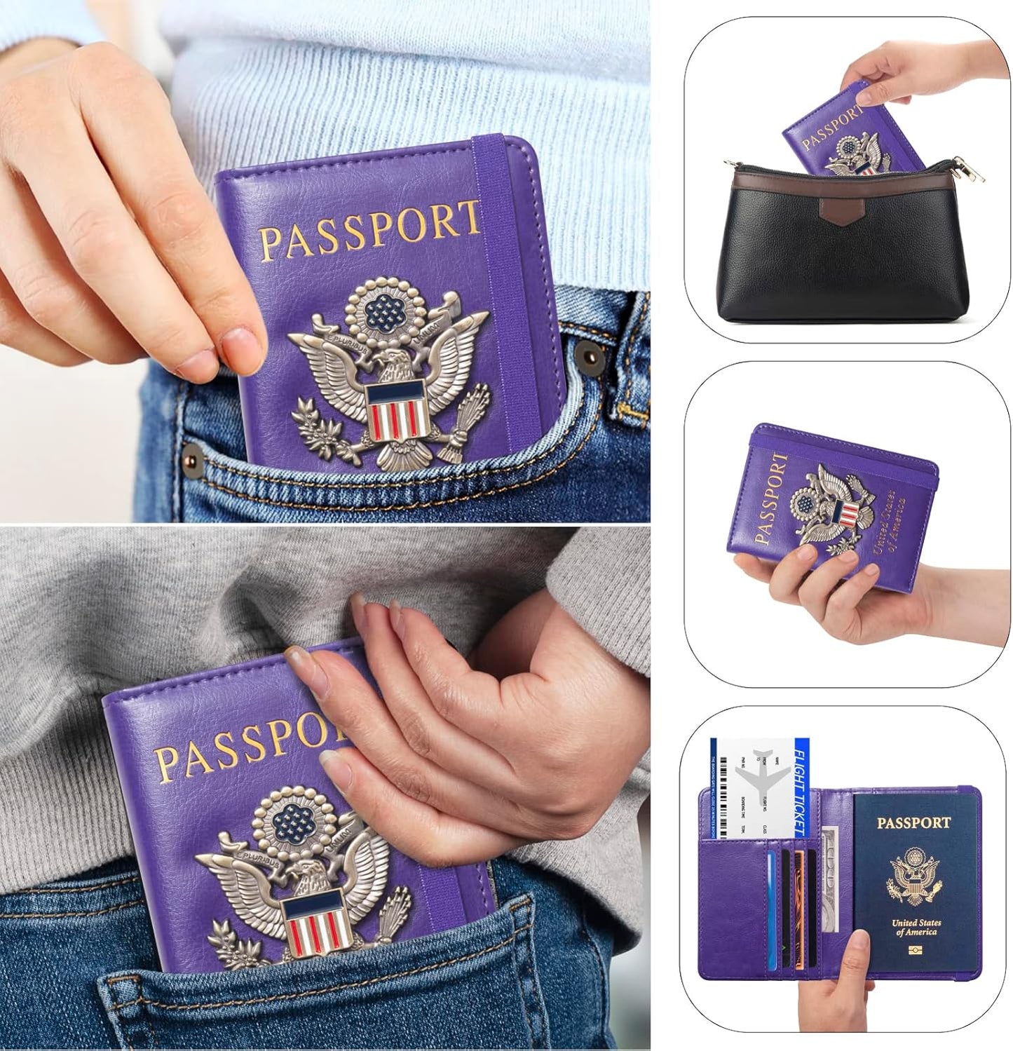 Passport Holder for Travel Passport Cover for Men Passport Wallet Case With 3D Metal Badge Protector Leather Card Case RFID Blocking Women Travel Accessories Document Organizer (Purple)